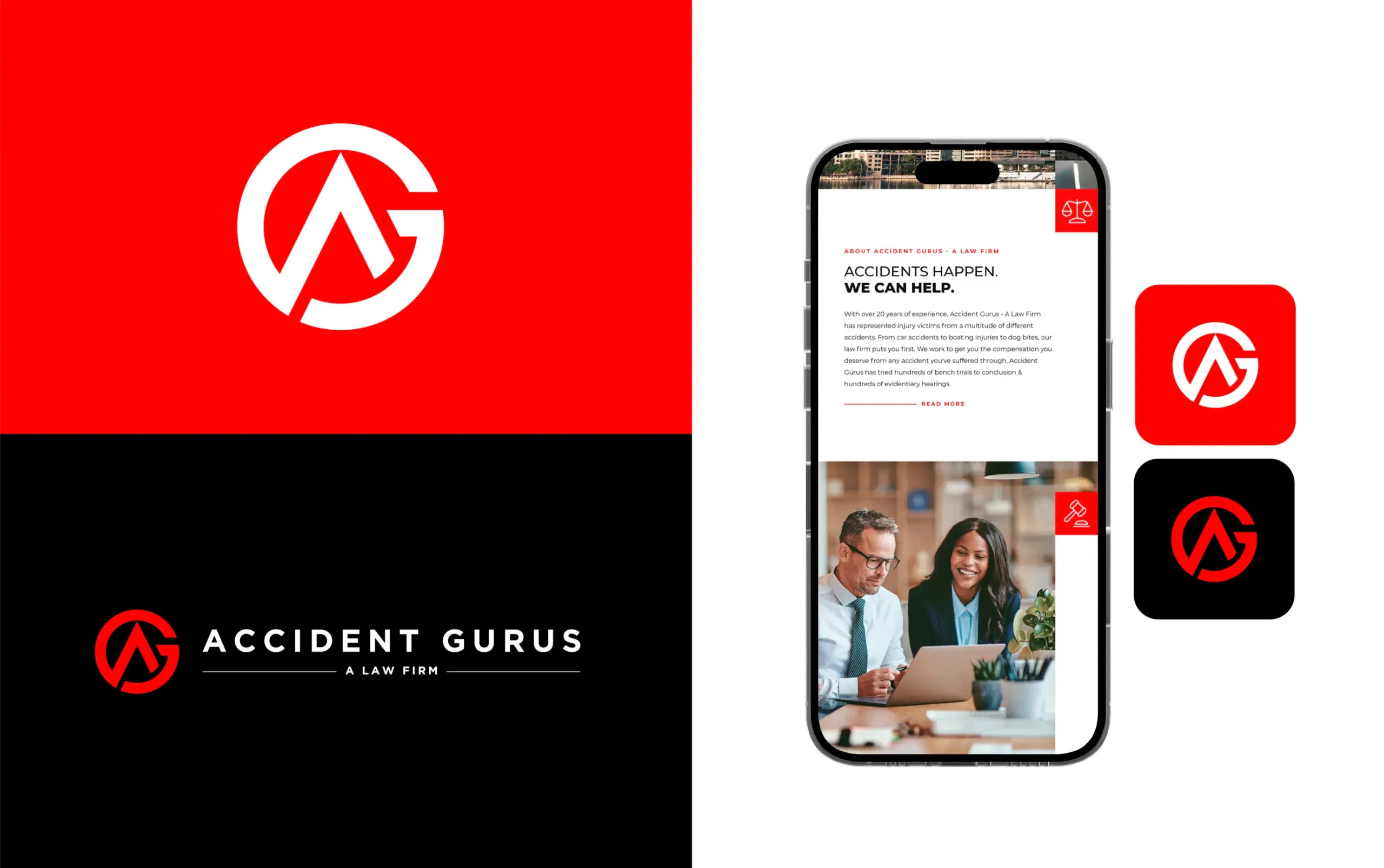 Accident Gurus law firm branding with logo, smartphone app interface, and two color variations.