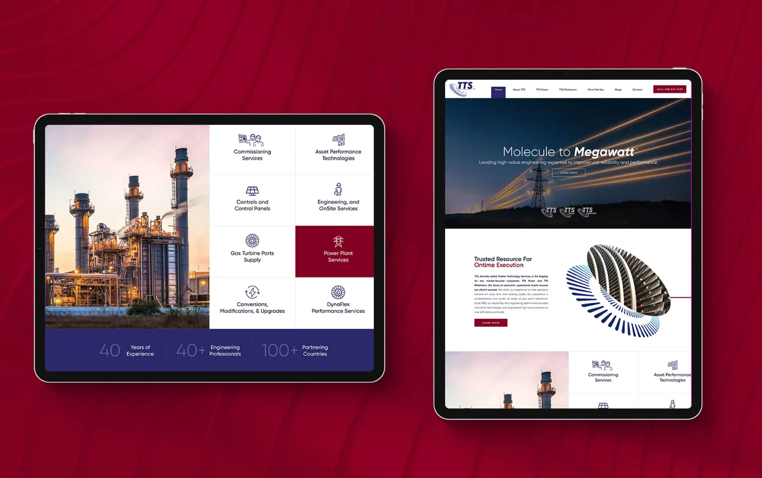 Two digital device screens displaying modern industrial websites with power plant imagery and technical content.