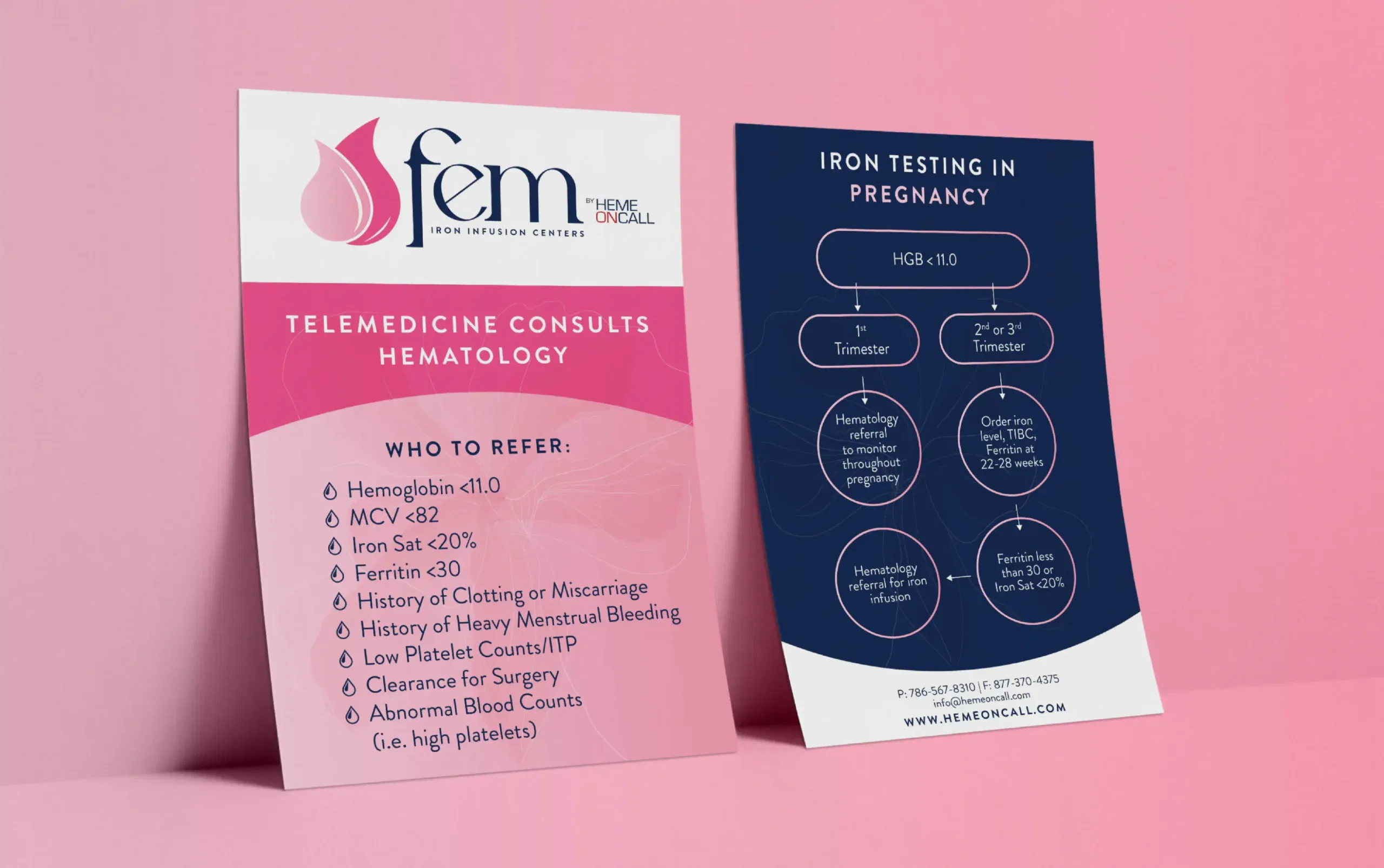 Bilingual medical brochures on telemedicine and iron testing displayed on a pink background.