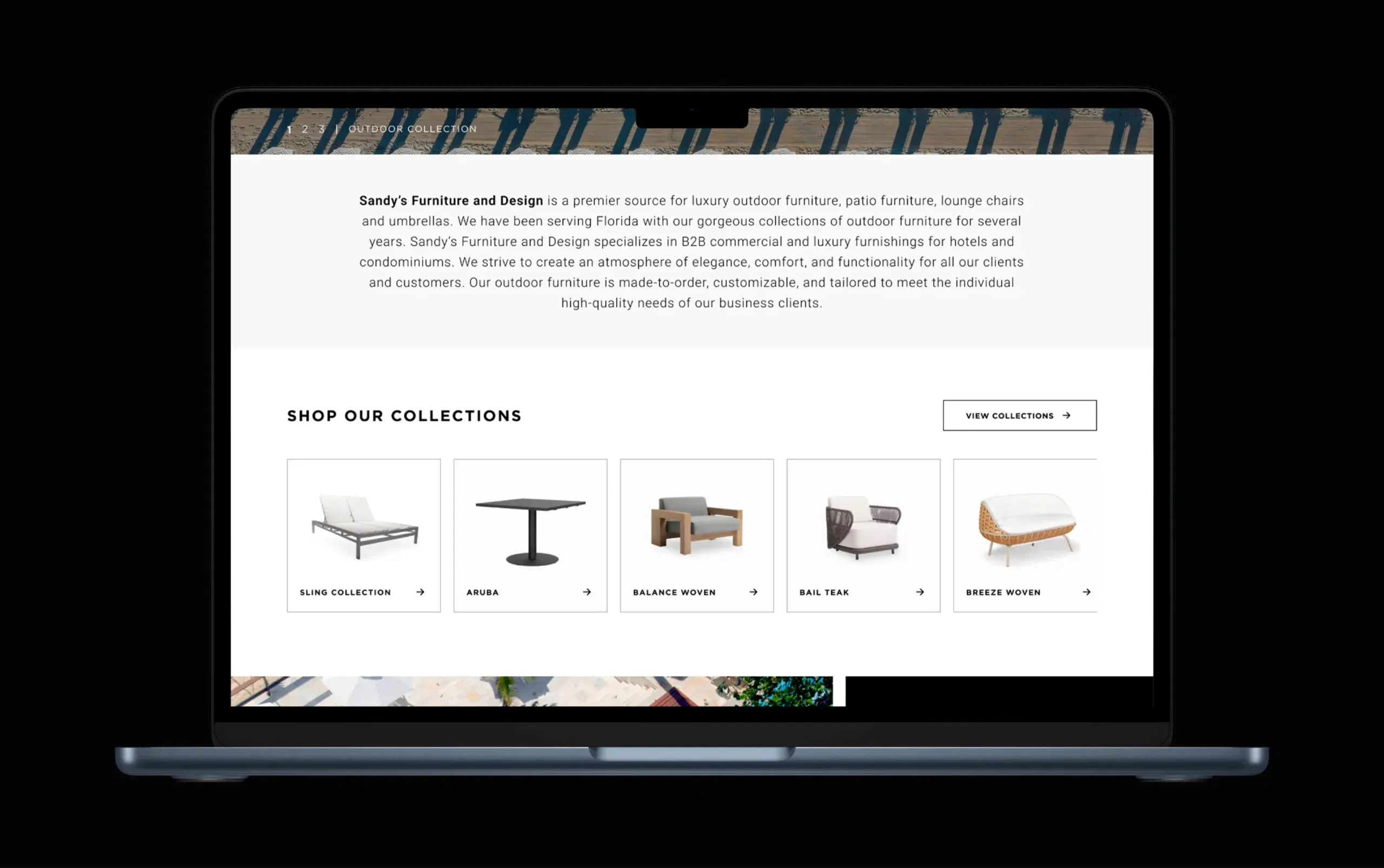 Laptop displaying a website for Emily's Furniture and Design showcasing modern furniture collections.