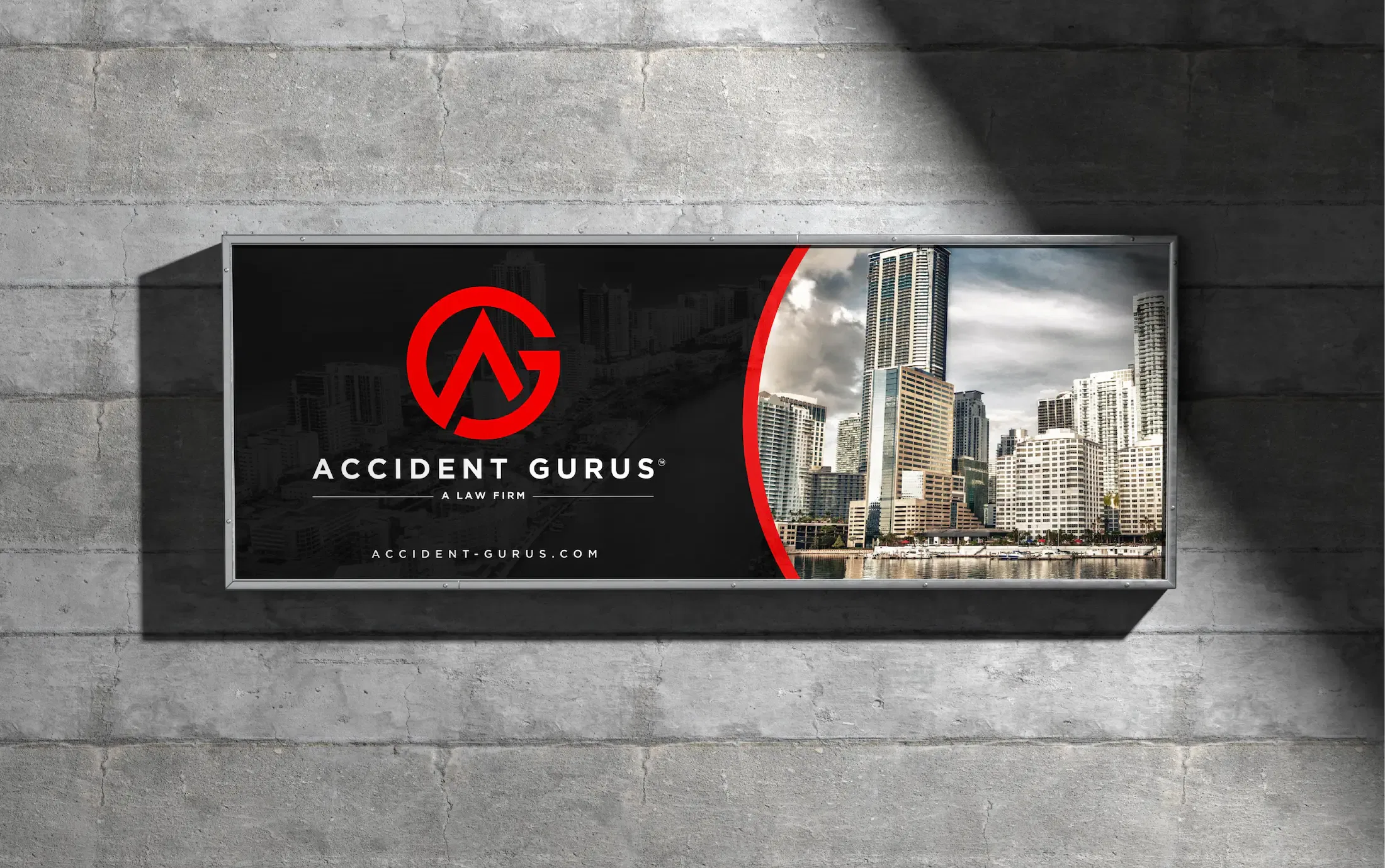 Accident Gurus billboard on urban concrete wall featuring city skyline.