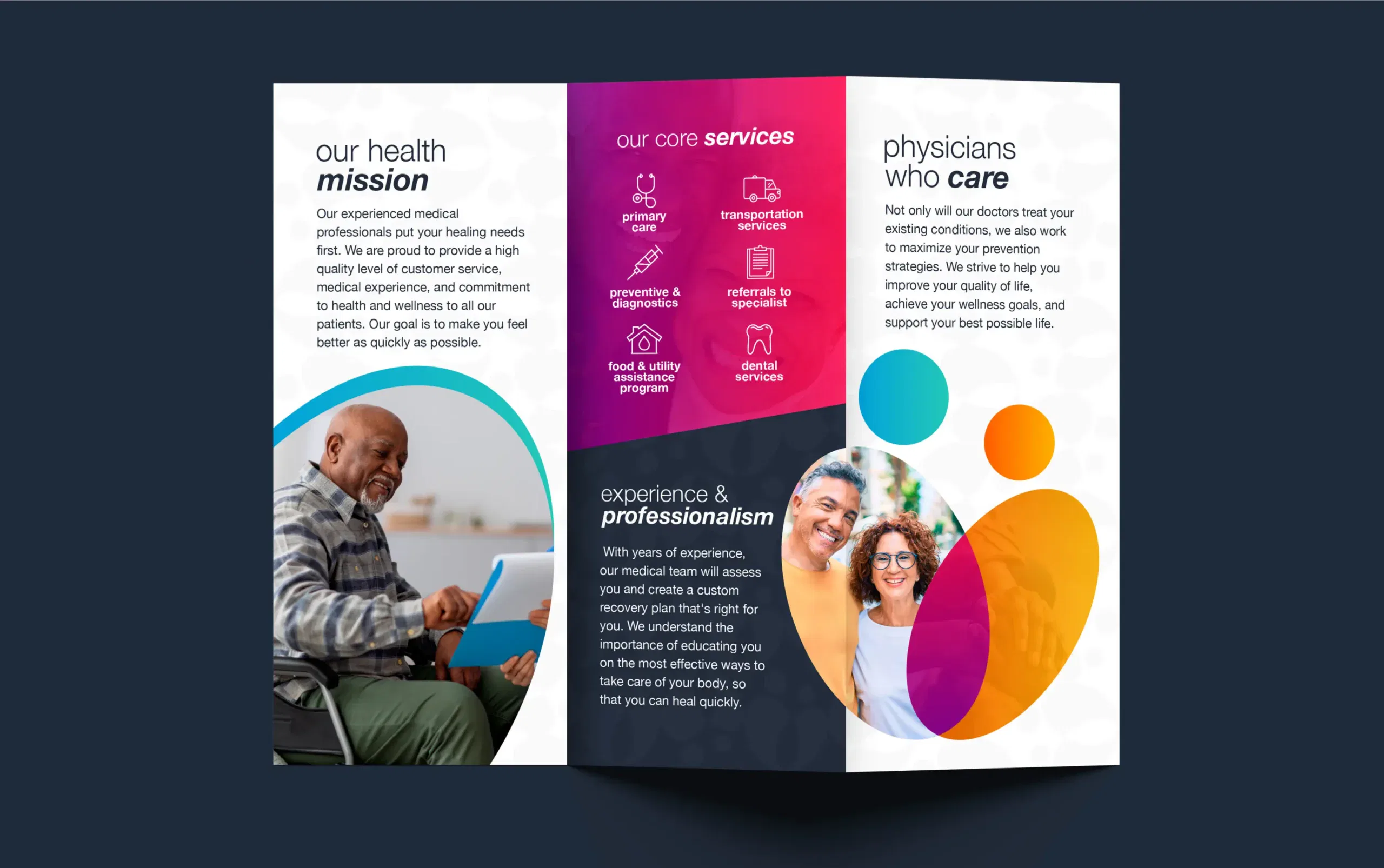 Healthcare brochure with mission, services, and caring physicians imagery.