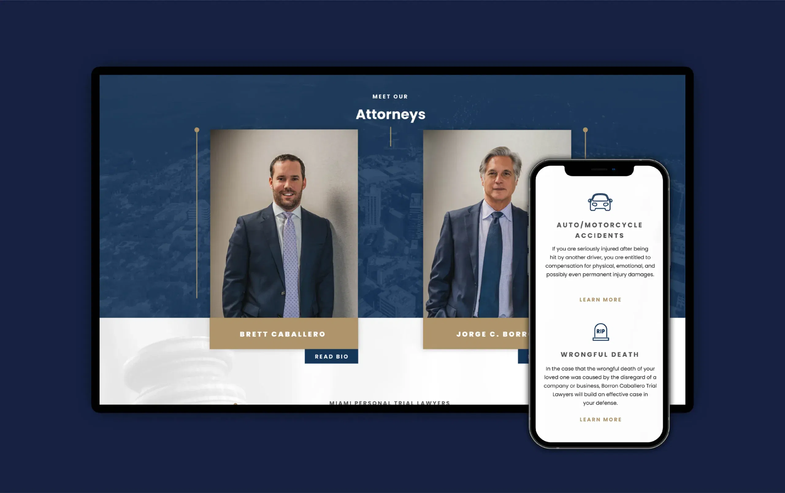 Website showcasing attorneys with professional profiles on desktop and mobile screens.