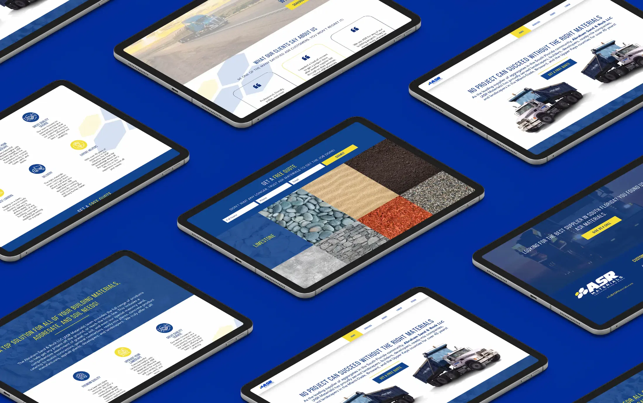 Array of tablets displaying webpages on a blue background