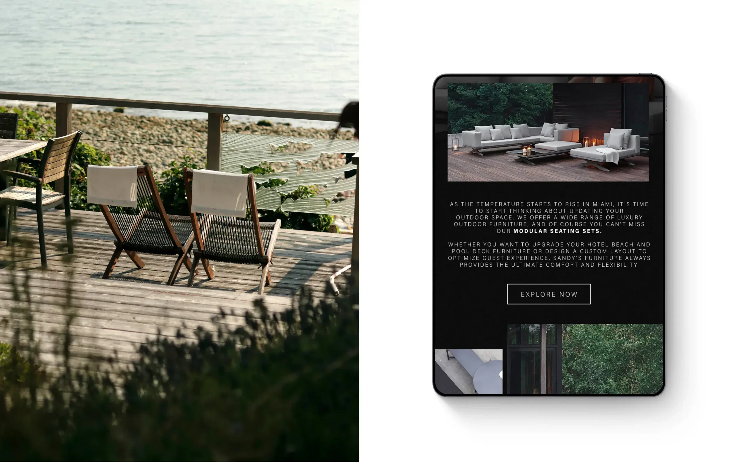 Scenic beachside deck with wooden chairs overlooking the ocean.