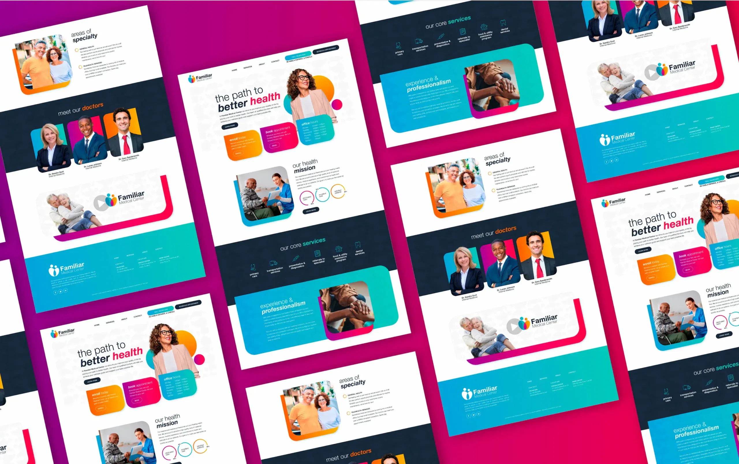 Vibrant website layouts with modern design and engaging visuals on a pink background.