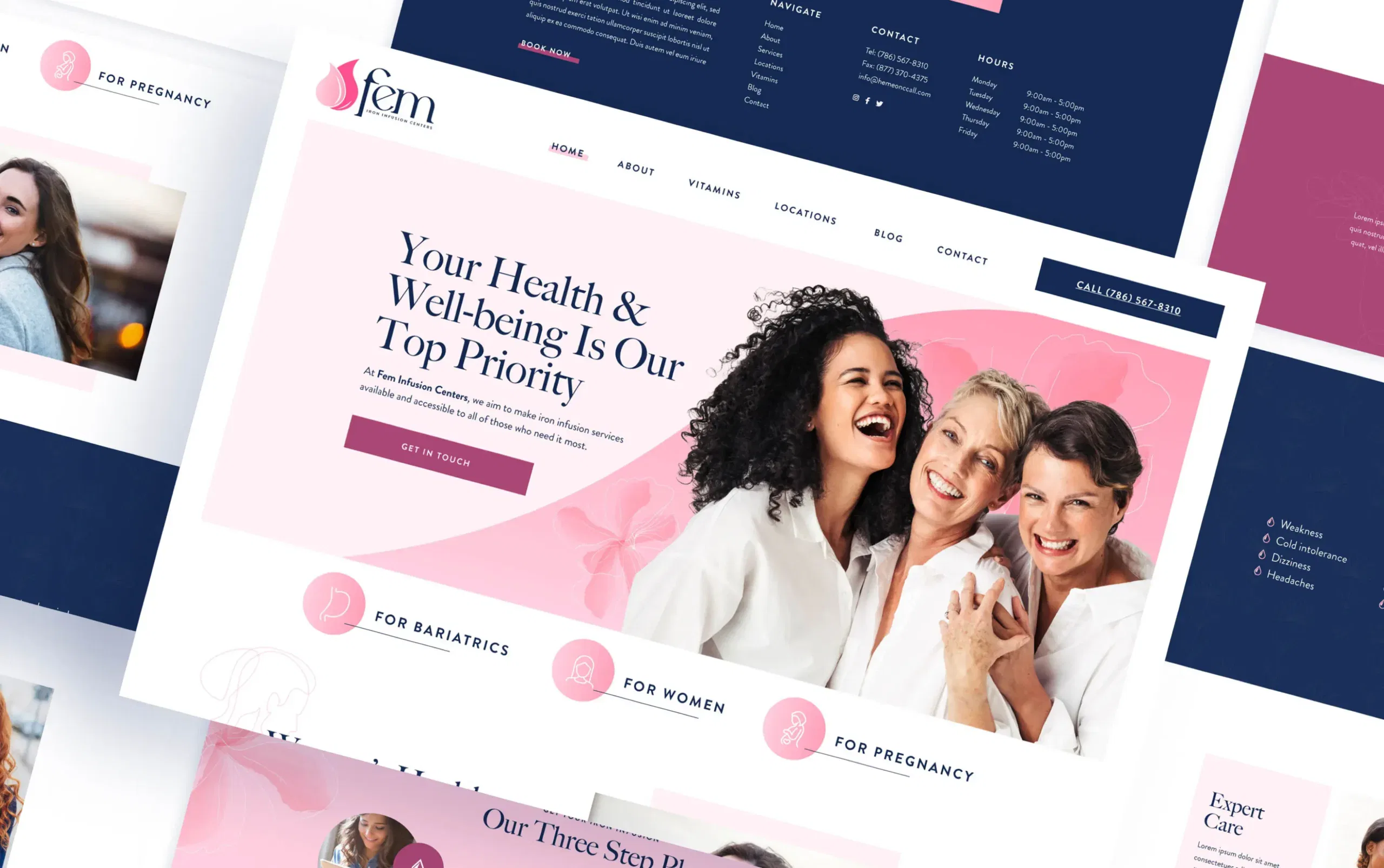 Women smiling on a health-focused website with pink and navy design elements.
