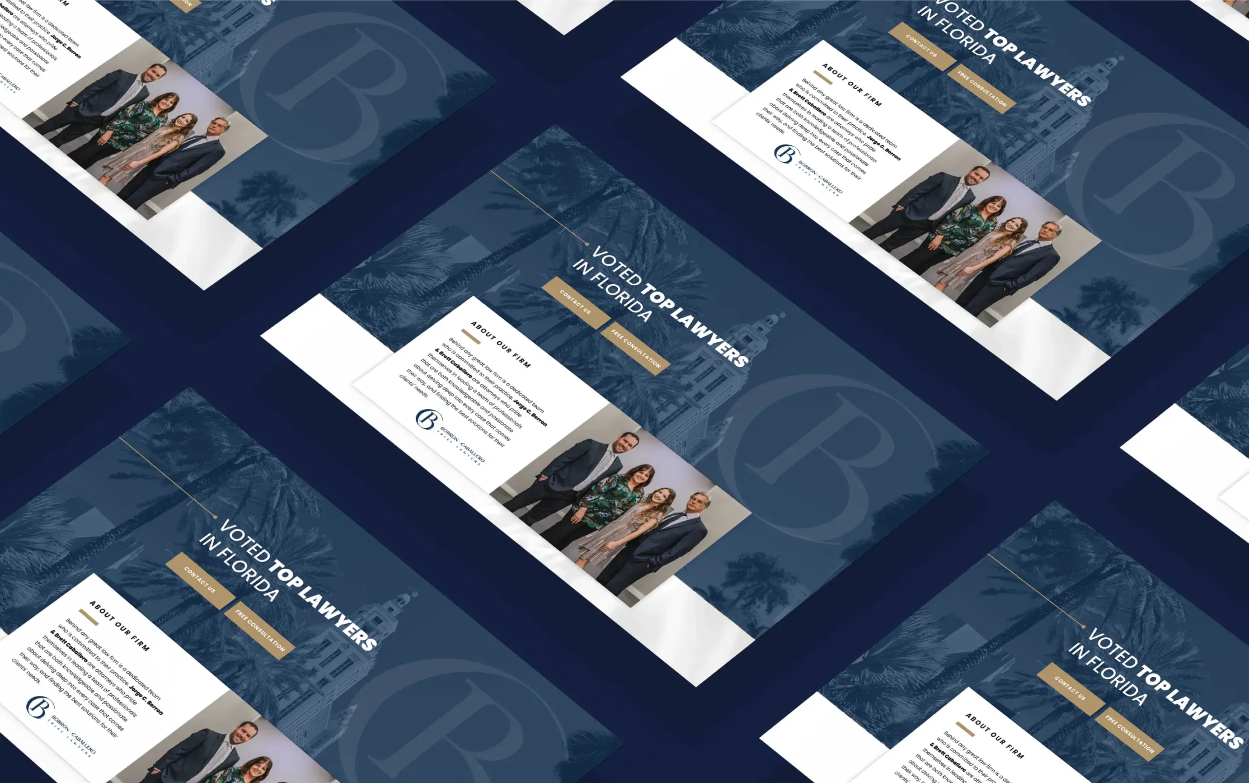 Business event invitation cards with elegant design and professional imagery in a blue theme.