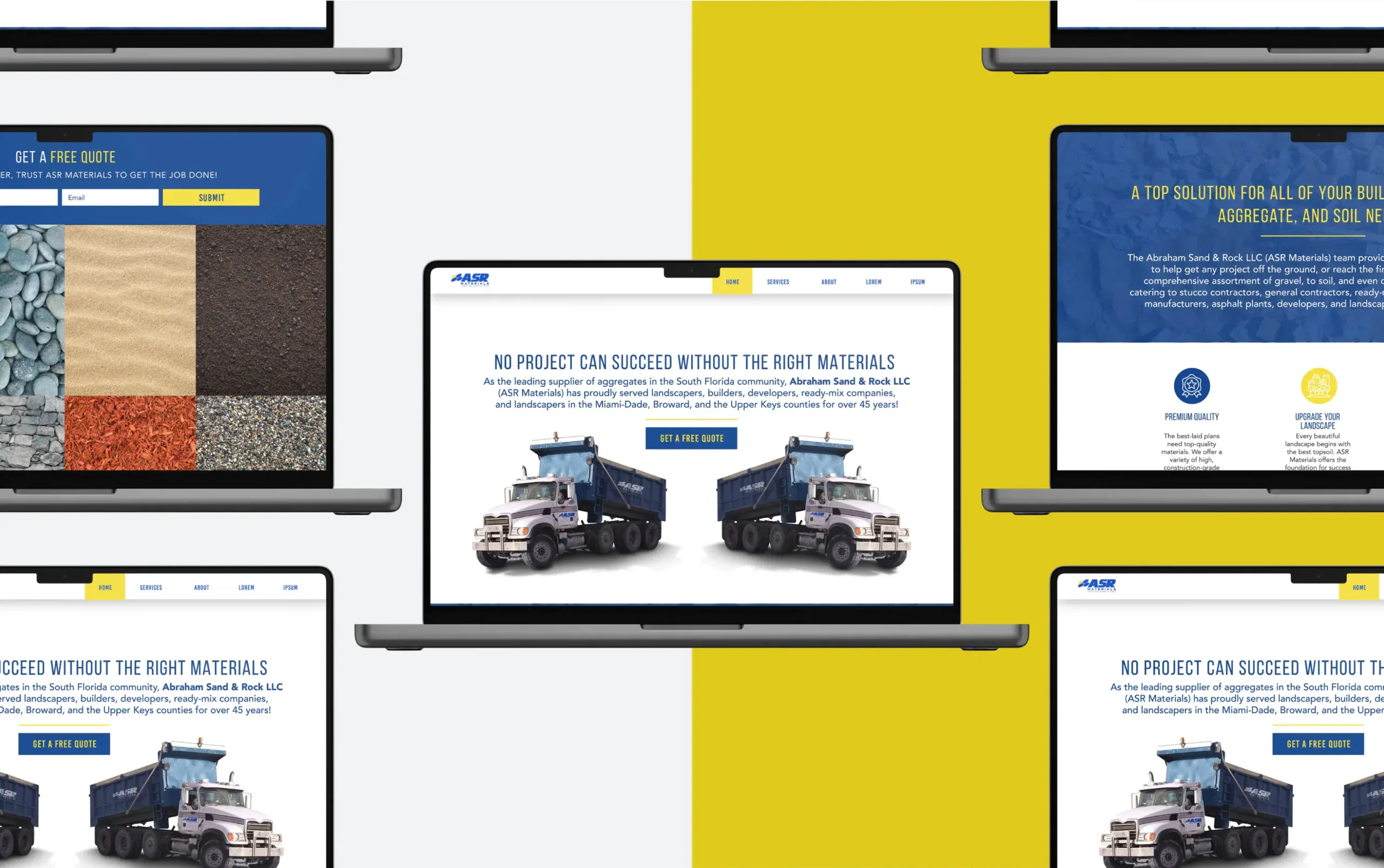 Modern website design showcasing industrial and construction themes on multiple laptop screens.