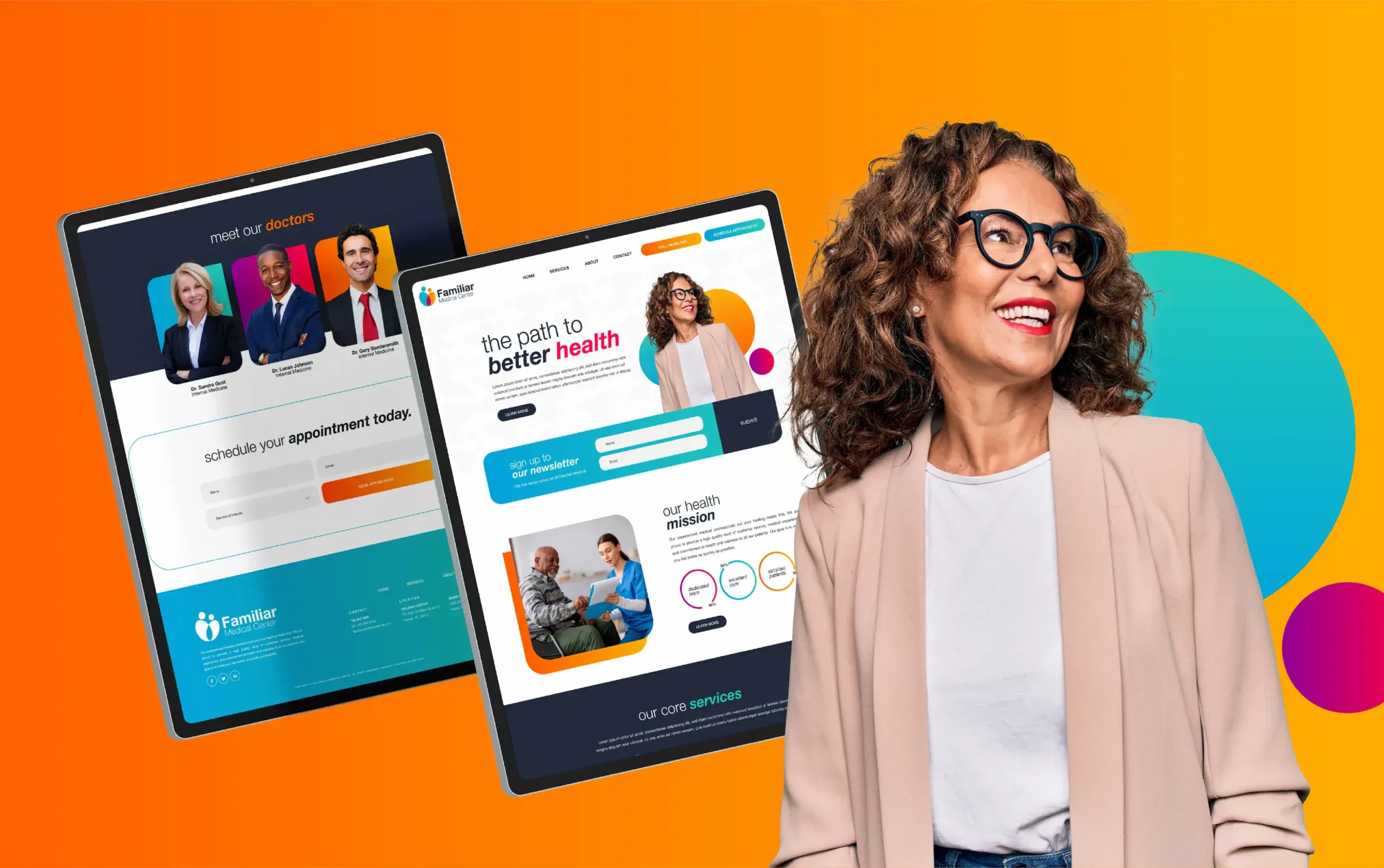 Professional woman smiling in front of health tech websites on vibrant orange background.