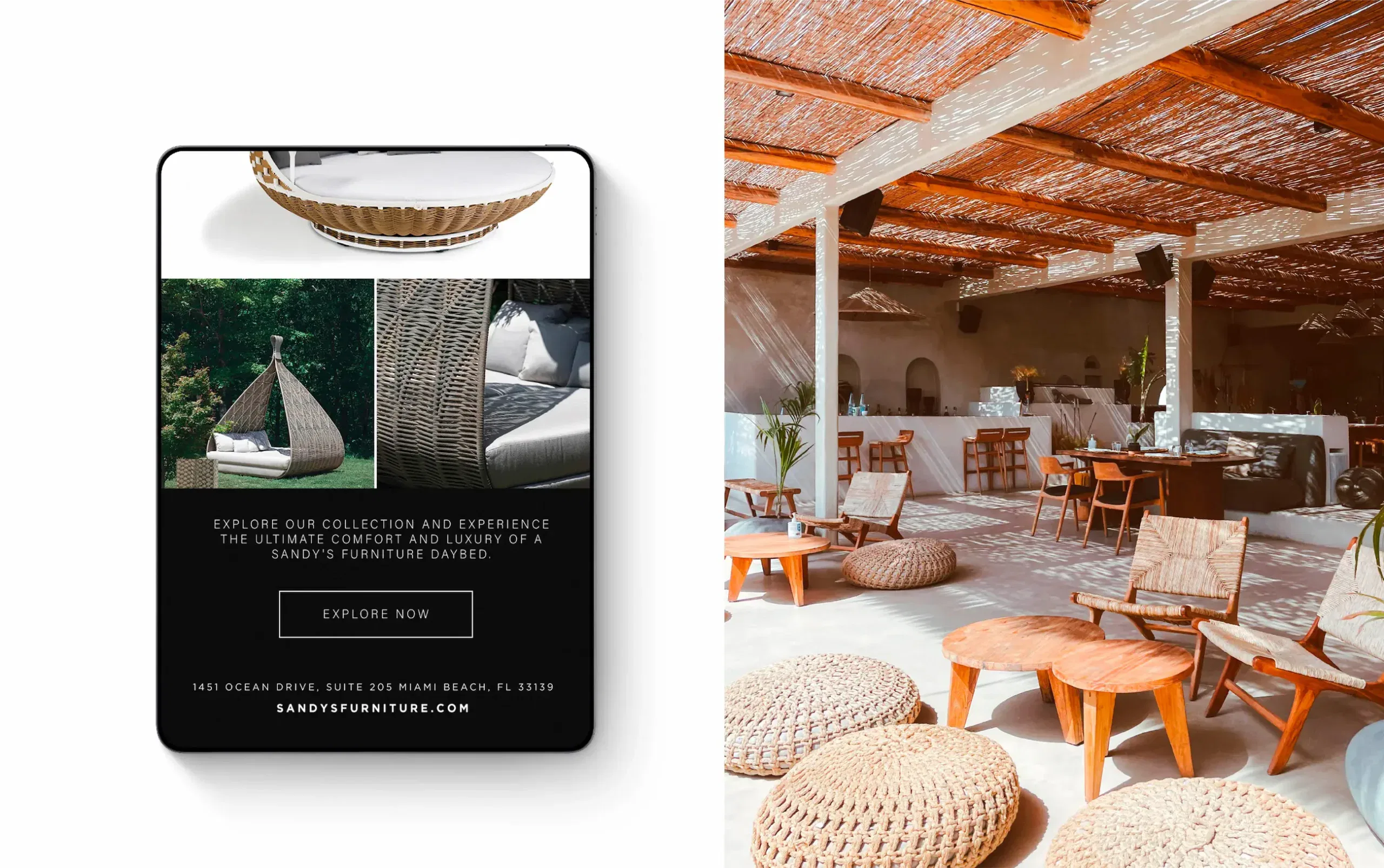 Cozy outdoor lounge with wicker furniture and natural decor in a sunlit setting.