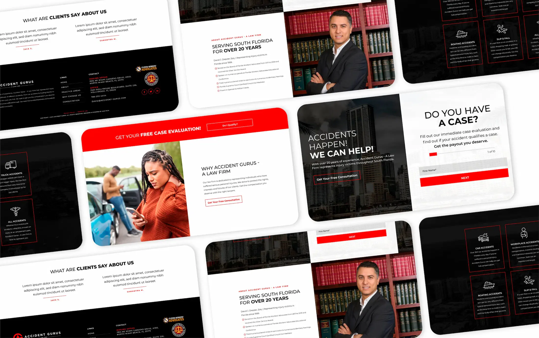 Legal marketing presentation showing professional services and client testimonials.