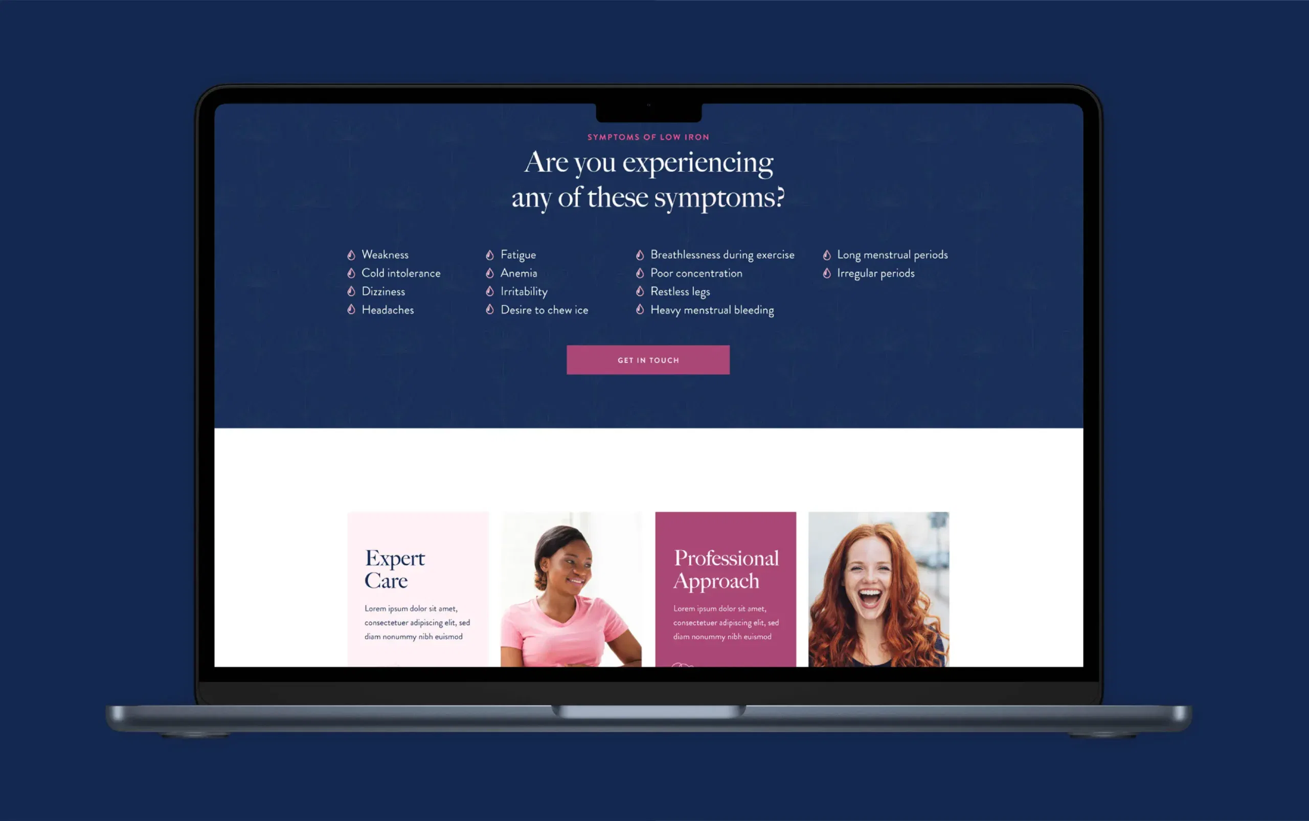 Laptop displaying a list of health symptoms and professional care options against a blue background.