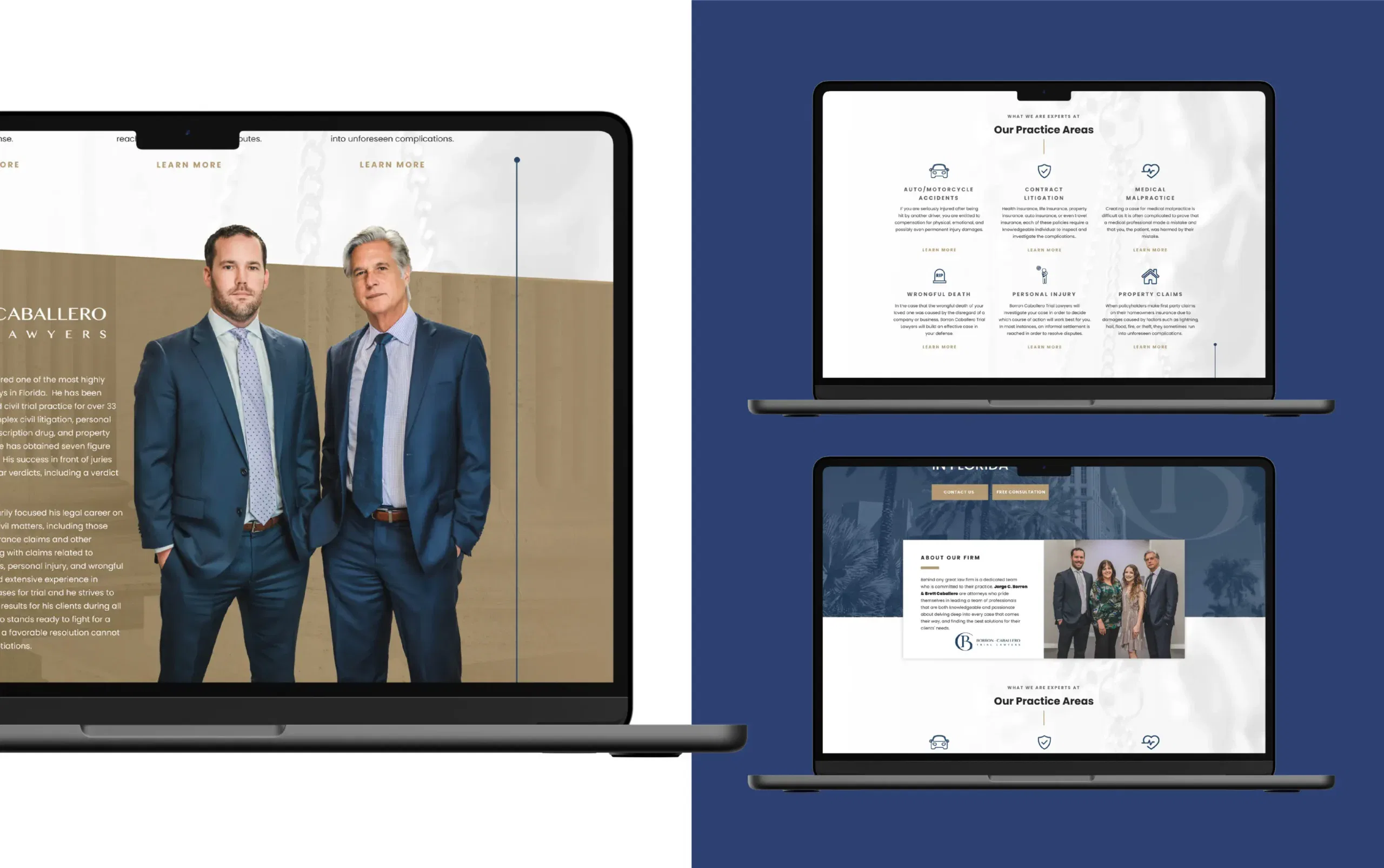 Two business professionals on laptop screens showcasing a professional consultancy website layout.