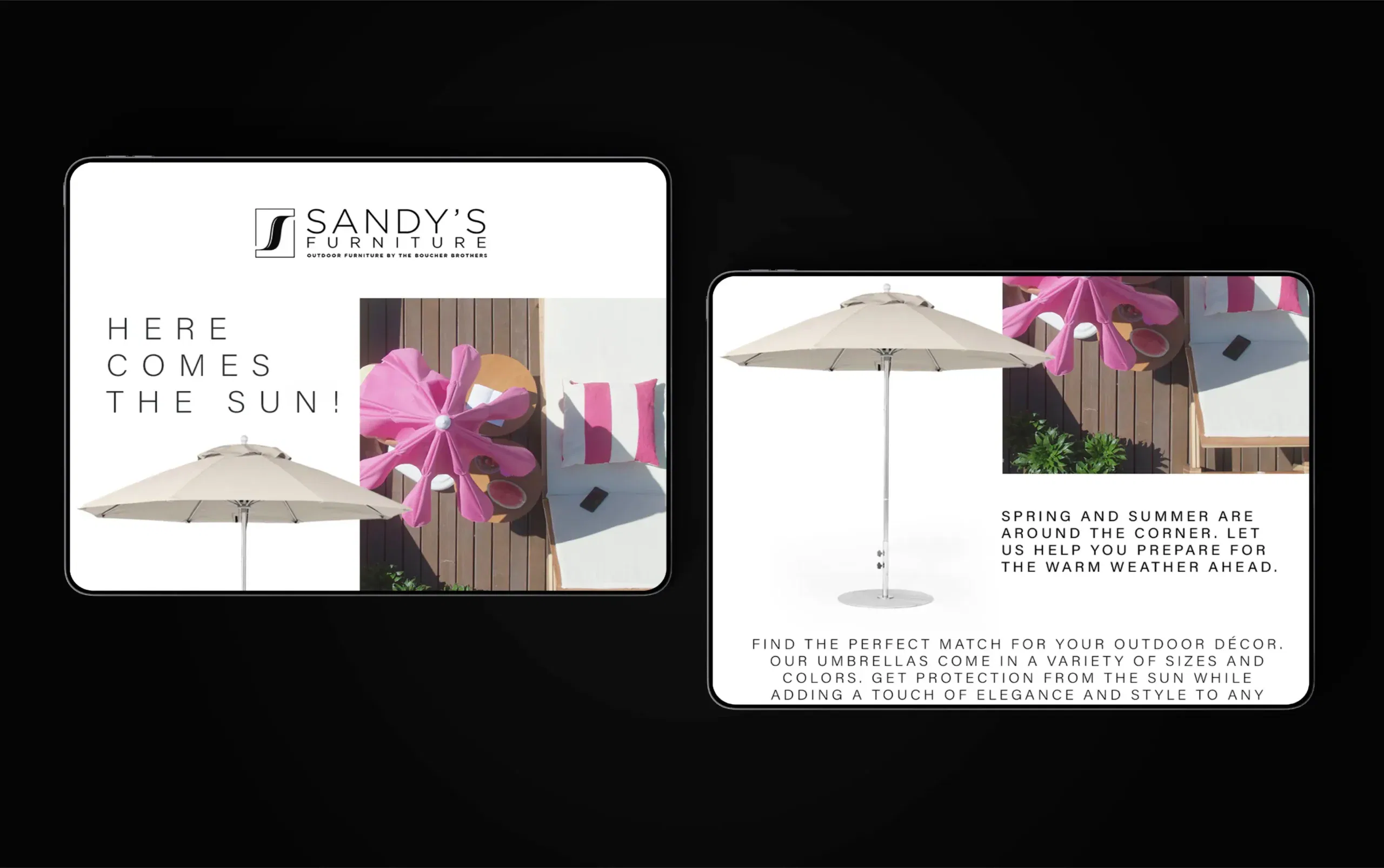 Two promotional flyers for Sandy's showcasing stylish outdoor umbrellas.