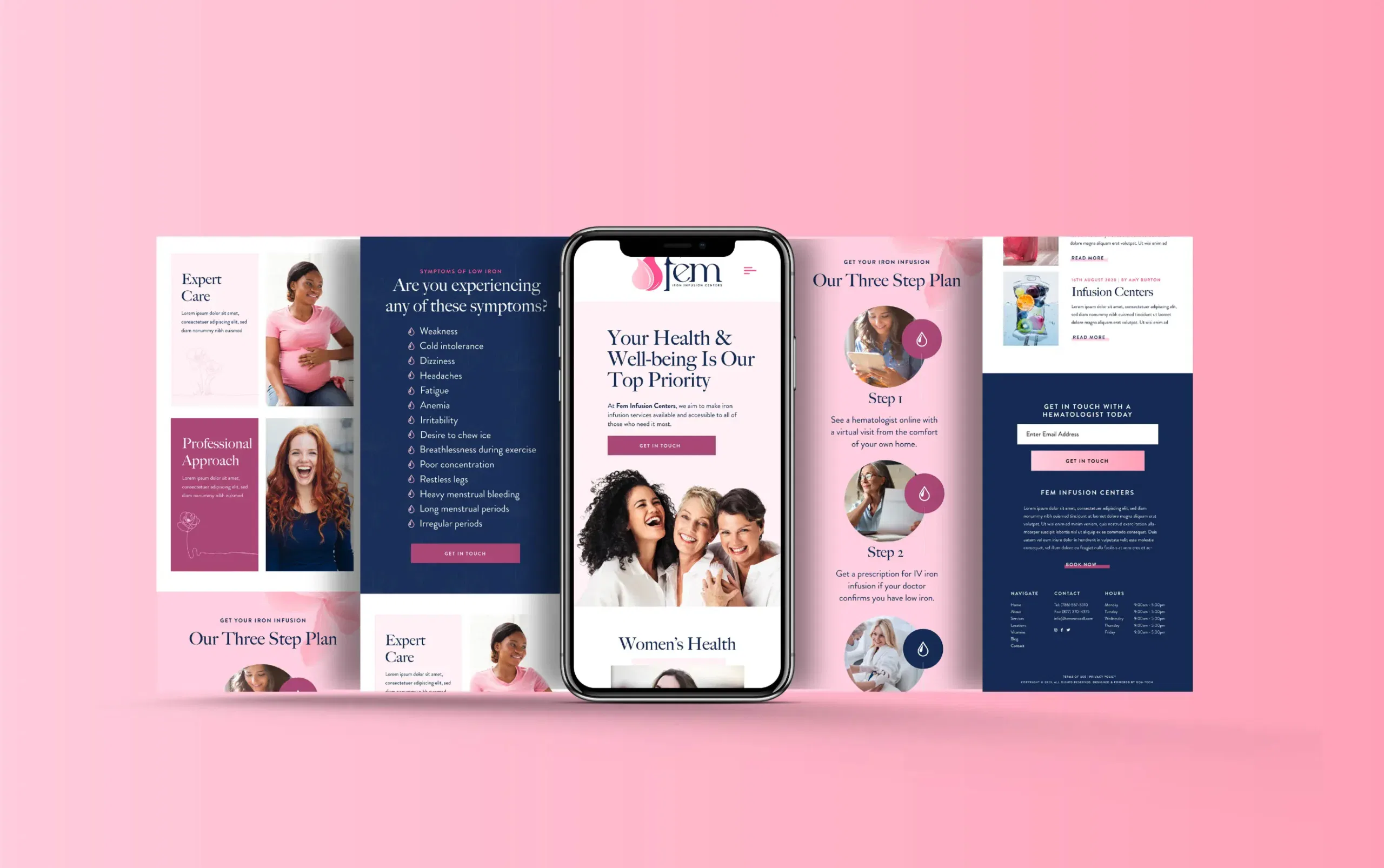 Mobile-friendly women's health and wellness brochure against a pink background.