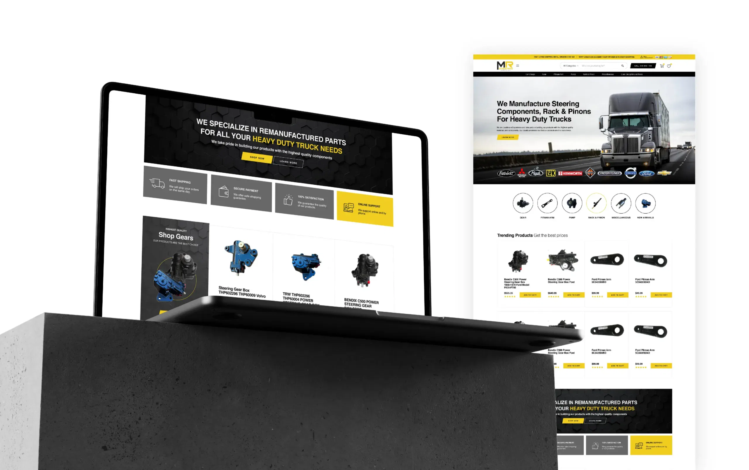 Truck parts website displayed on a digital screen and print, highlighting various automotive components.