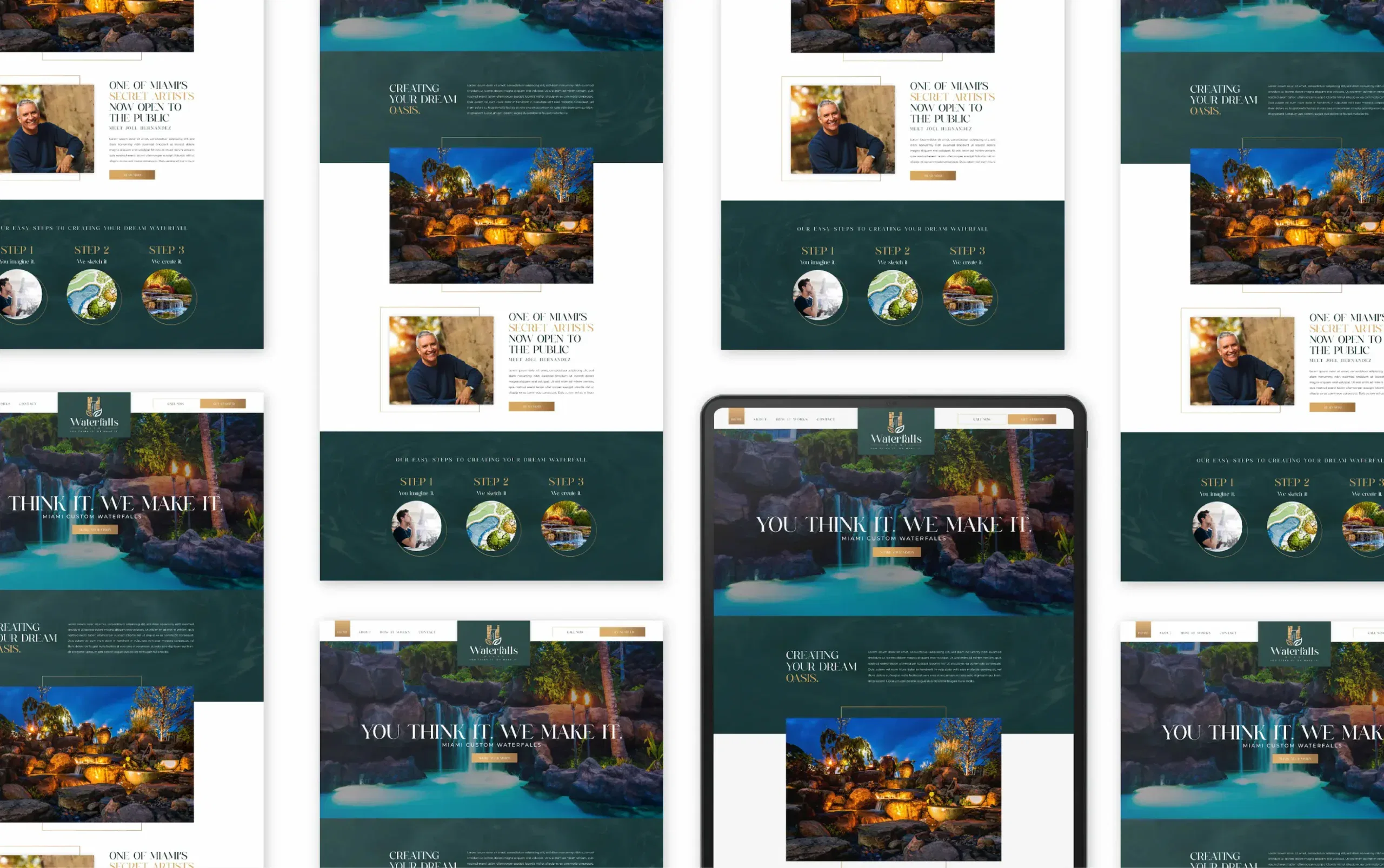Responsive web design mockup featuring multiple screens with elegant green and gold themes.