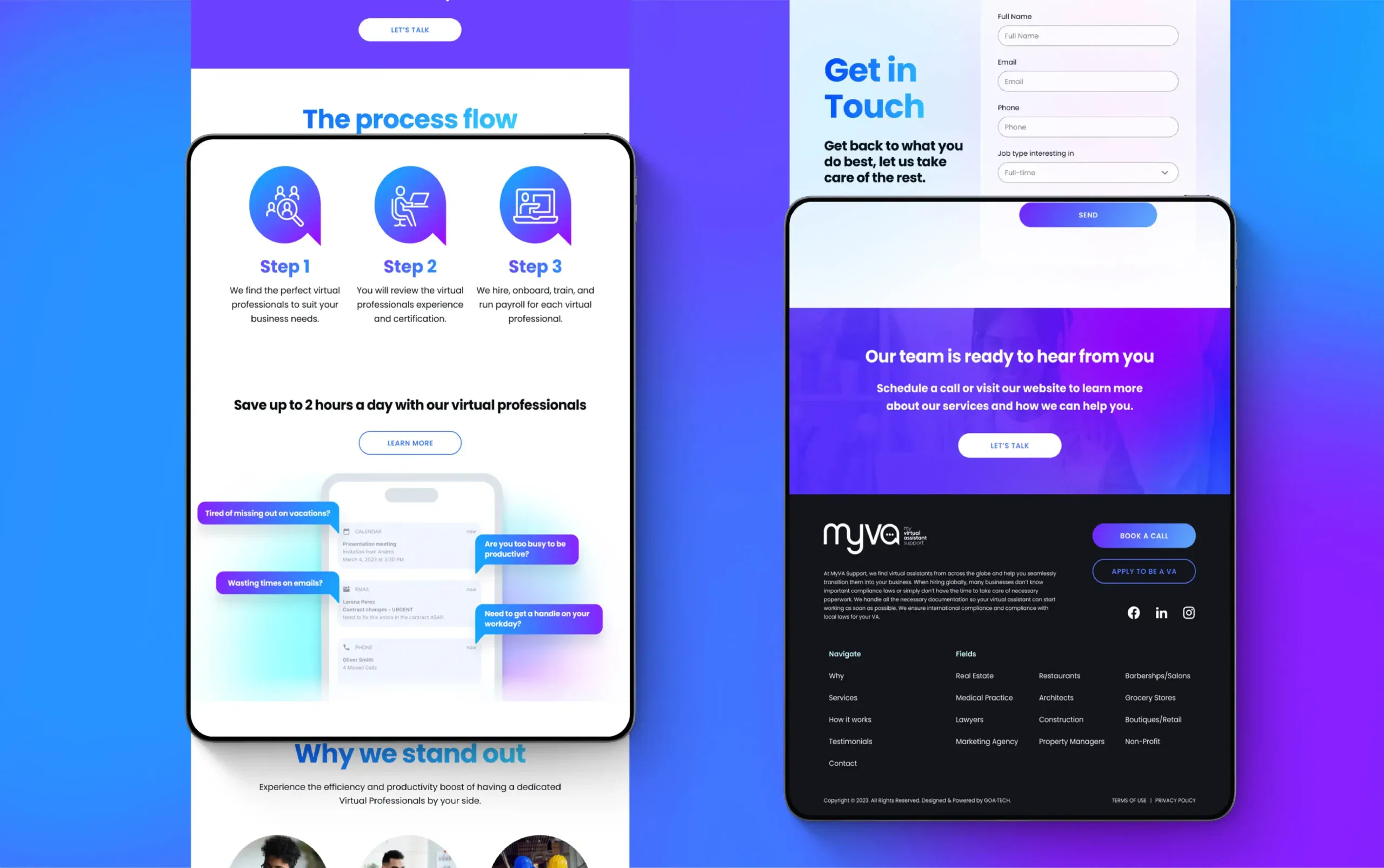 Modern web design with vibrant blue and purple hues showcasing user engagement features and contact form.