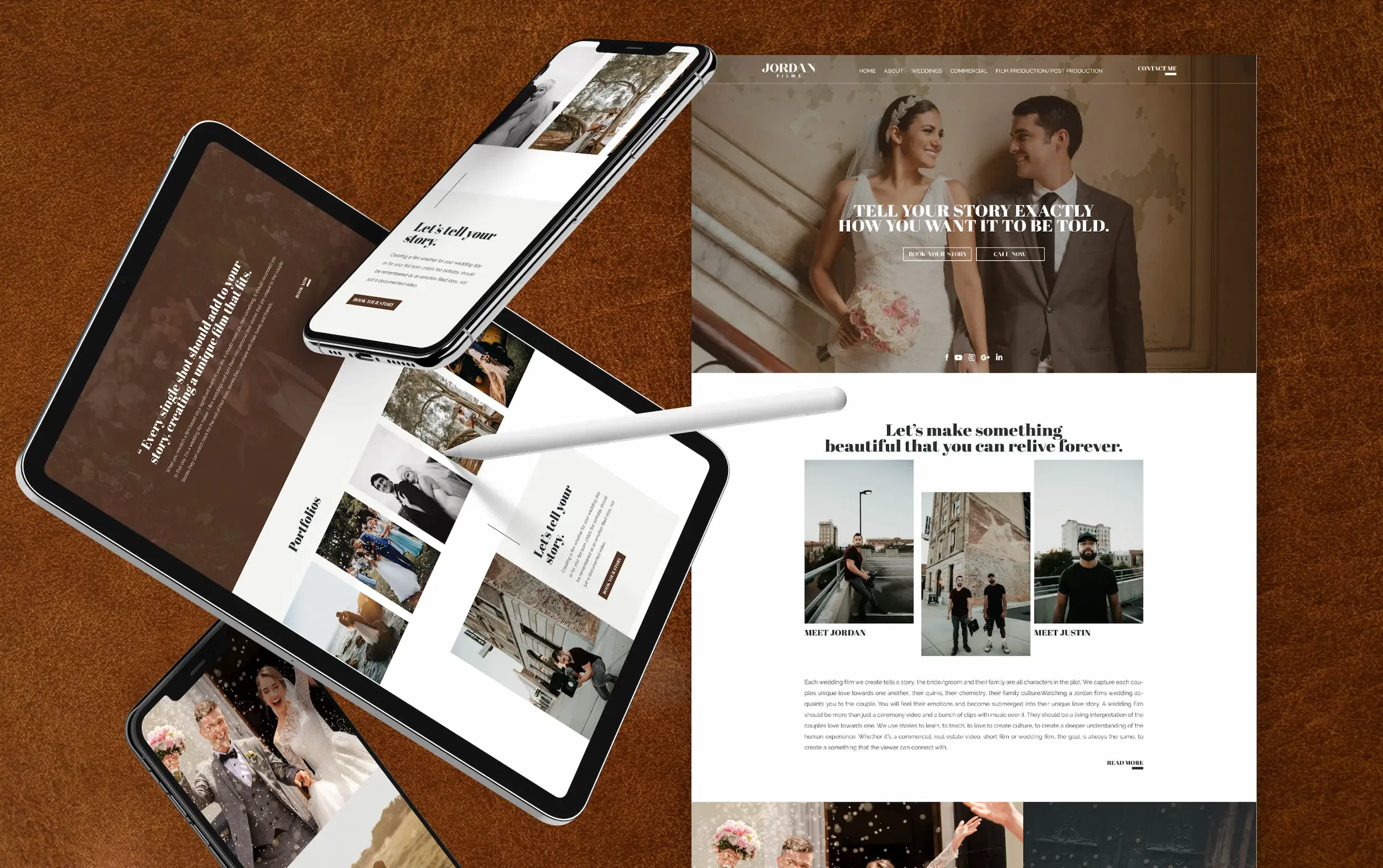 Website design layout displayed on various devices including a tablet, smartphone, and laptop.