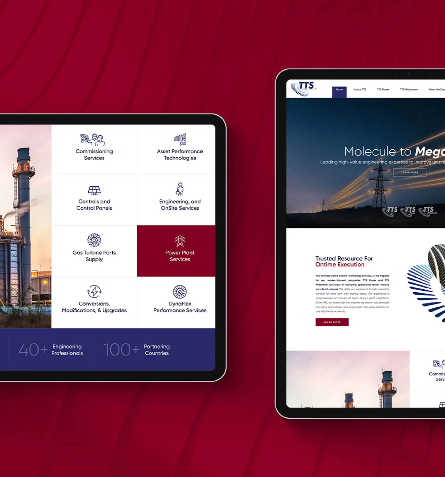 Two tablets displaying industrial and energy services websites on a red background.