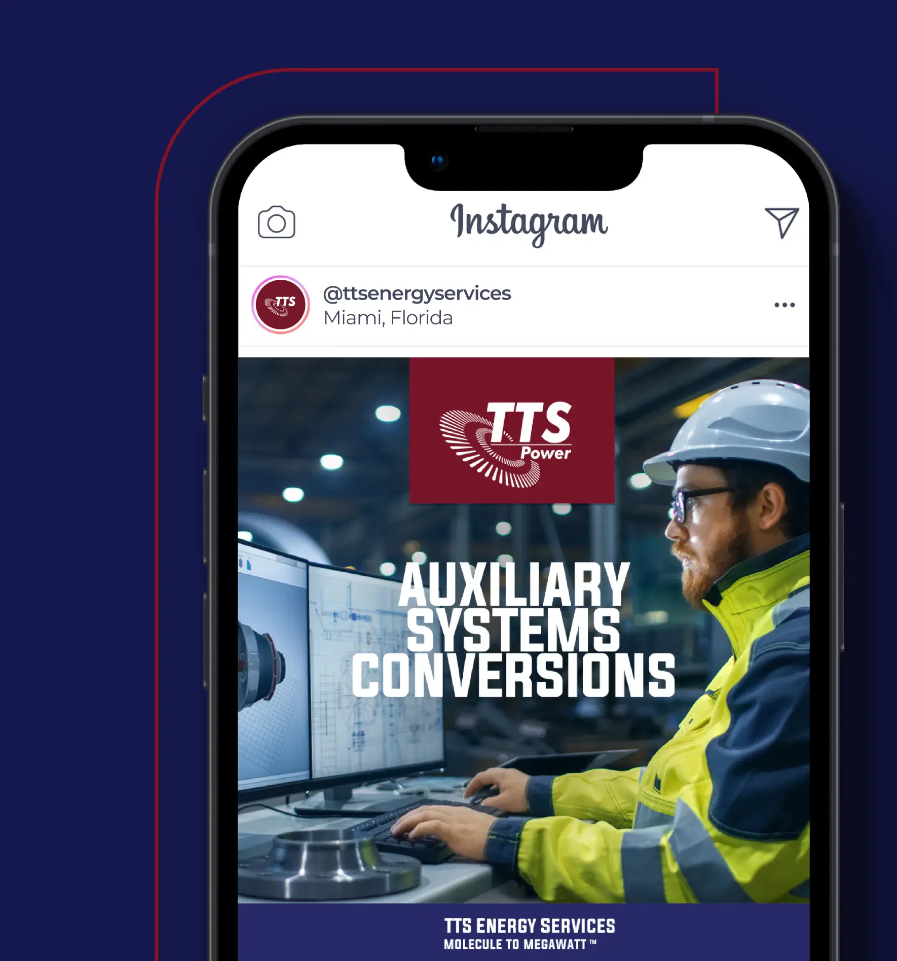 Engineer in safety gear working on computer with TTS Energy Services branding.