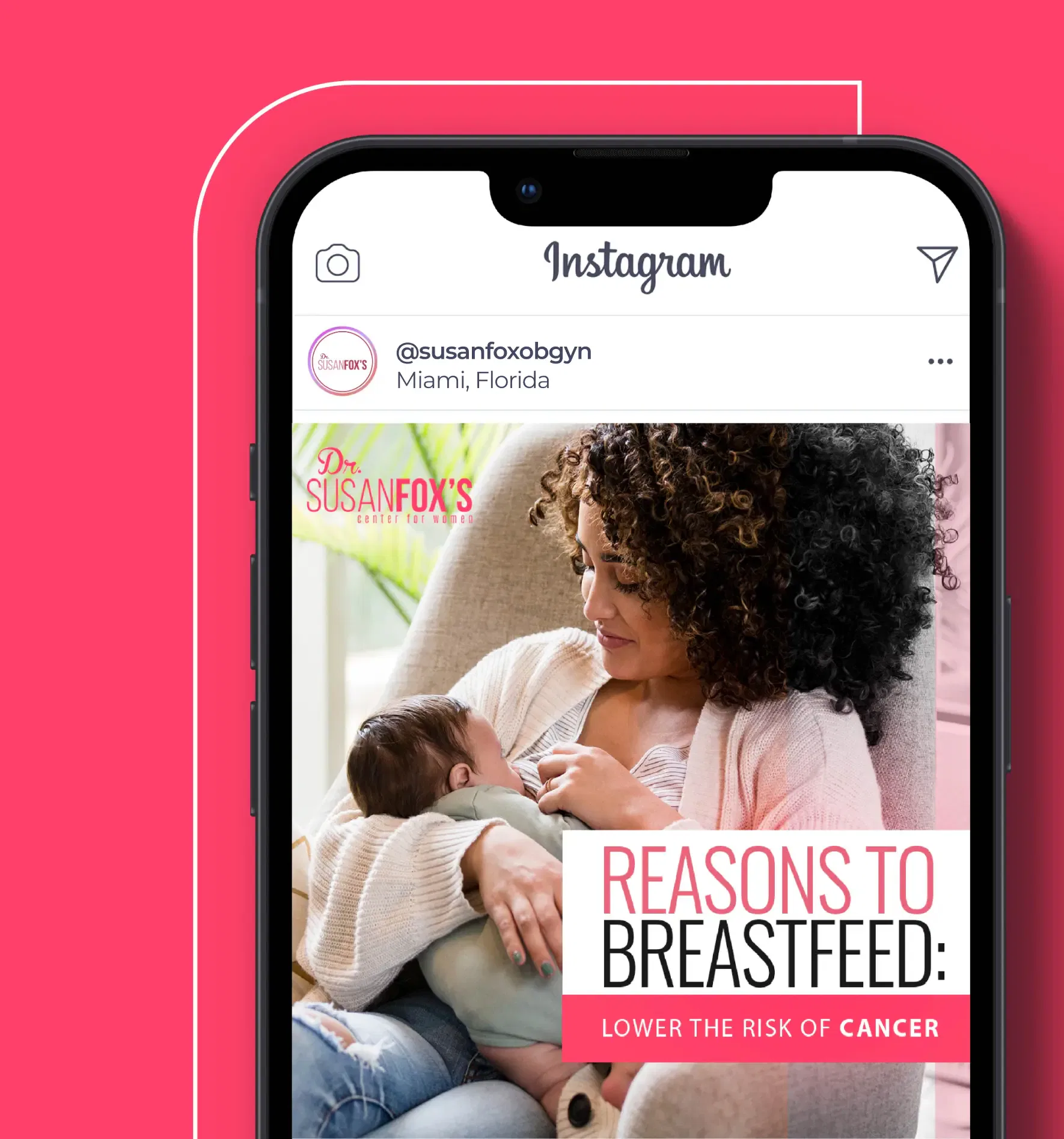 Mother breastfeeding baby with pink overlay on Instagram post.