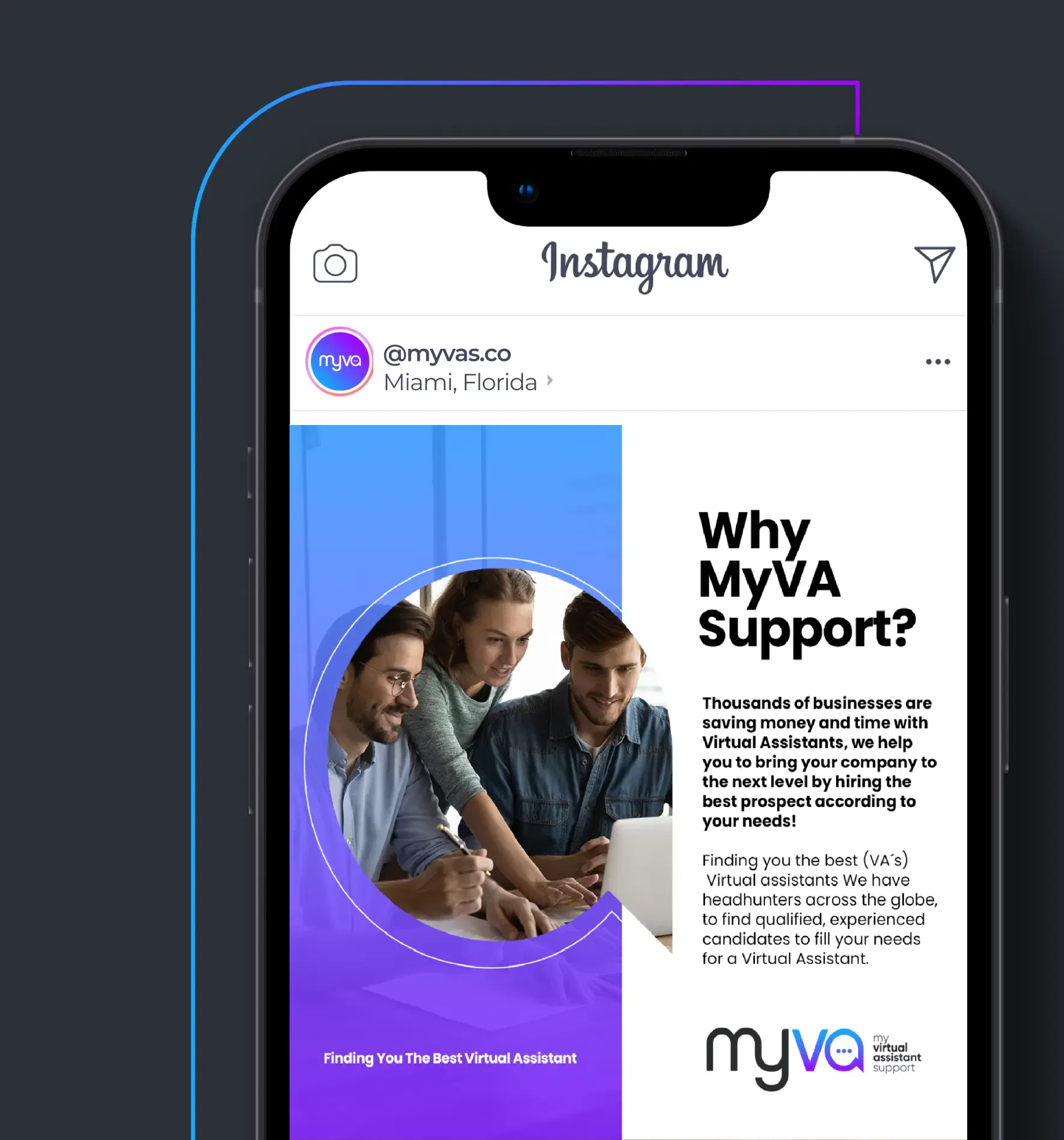 Instagram post on smartphone showcasing MyVA Support and benefits of virtual assistants.