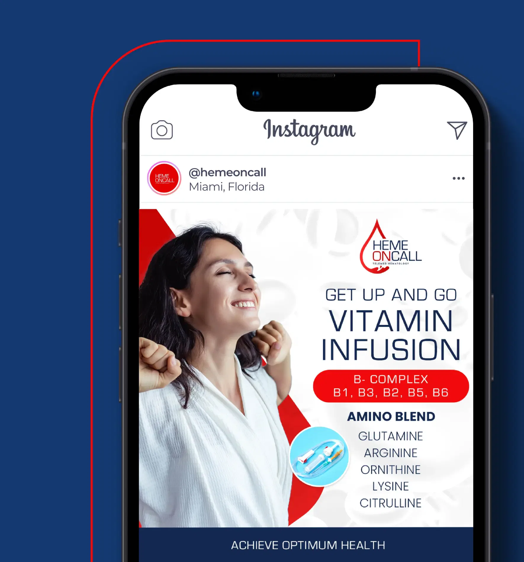 Person smiling with vitamin infusion ad on smartphone screen.