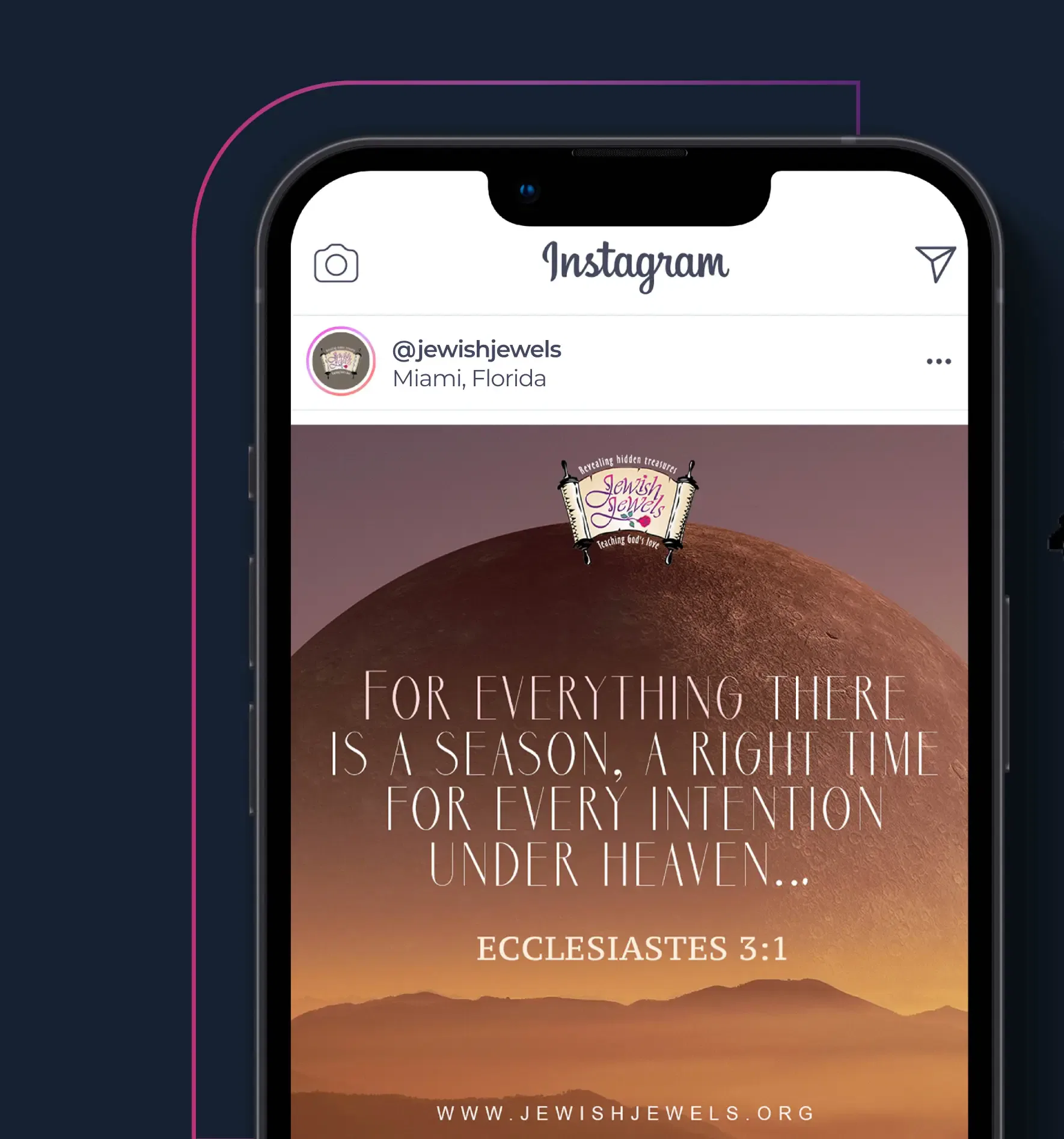 Smartphone screen showing an Instagram post featuring a sunset and a quote from Ecclesiastes 3:1.