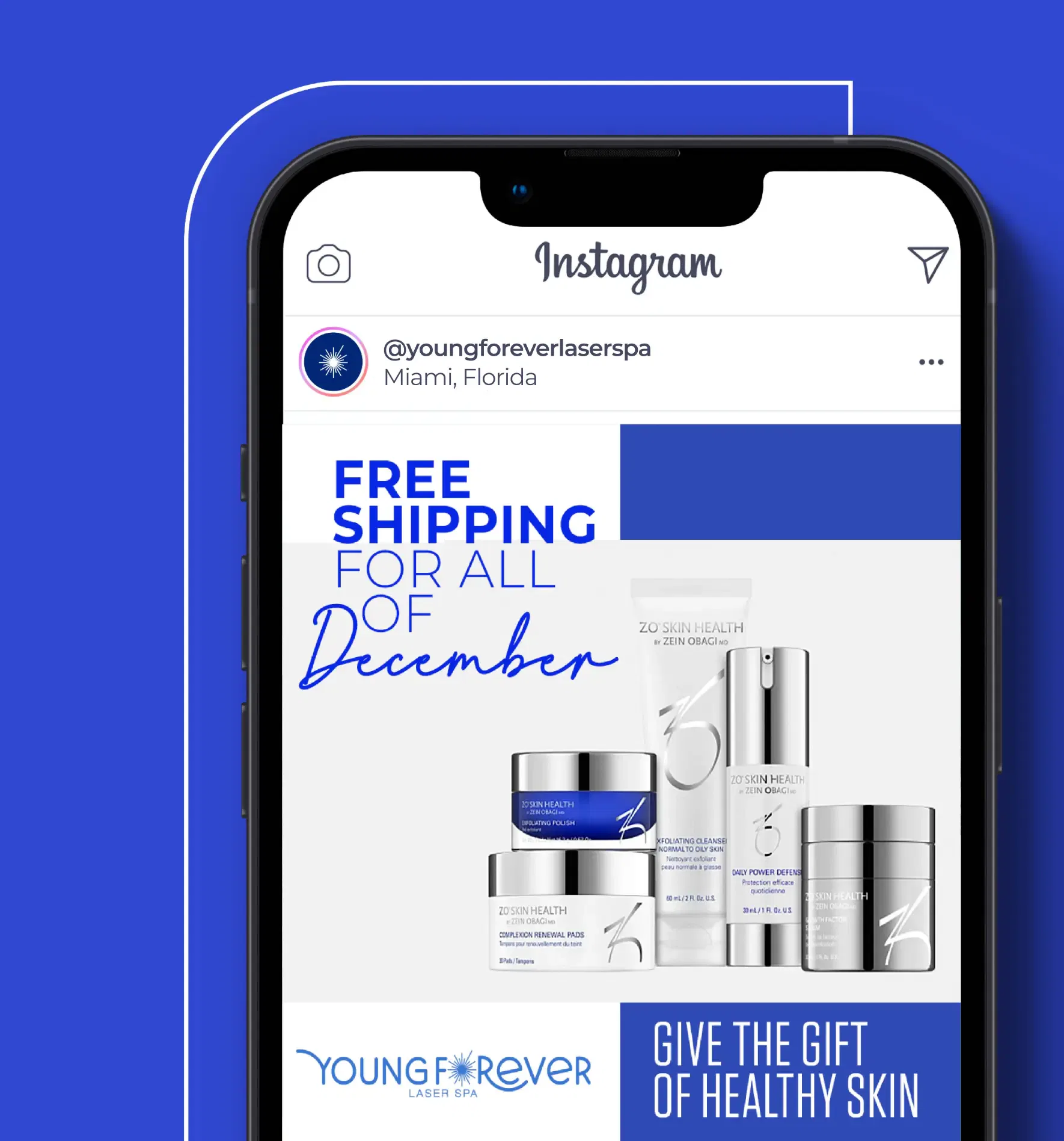 Smartphone screen displaying a skincare promotion with free shipping offer for December.