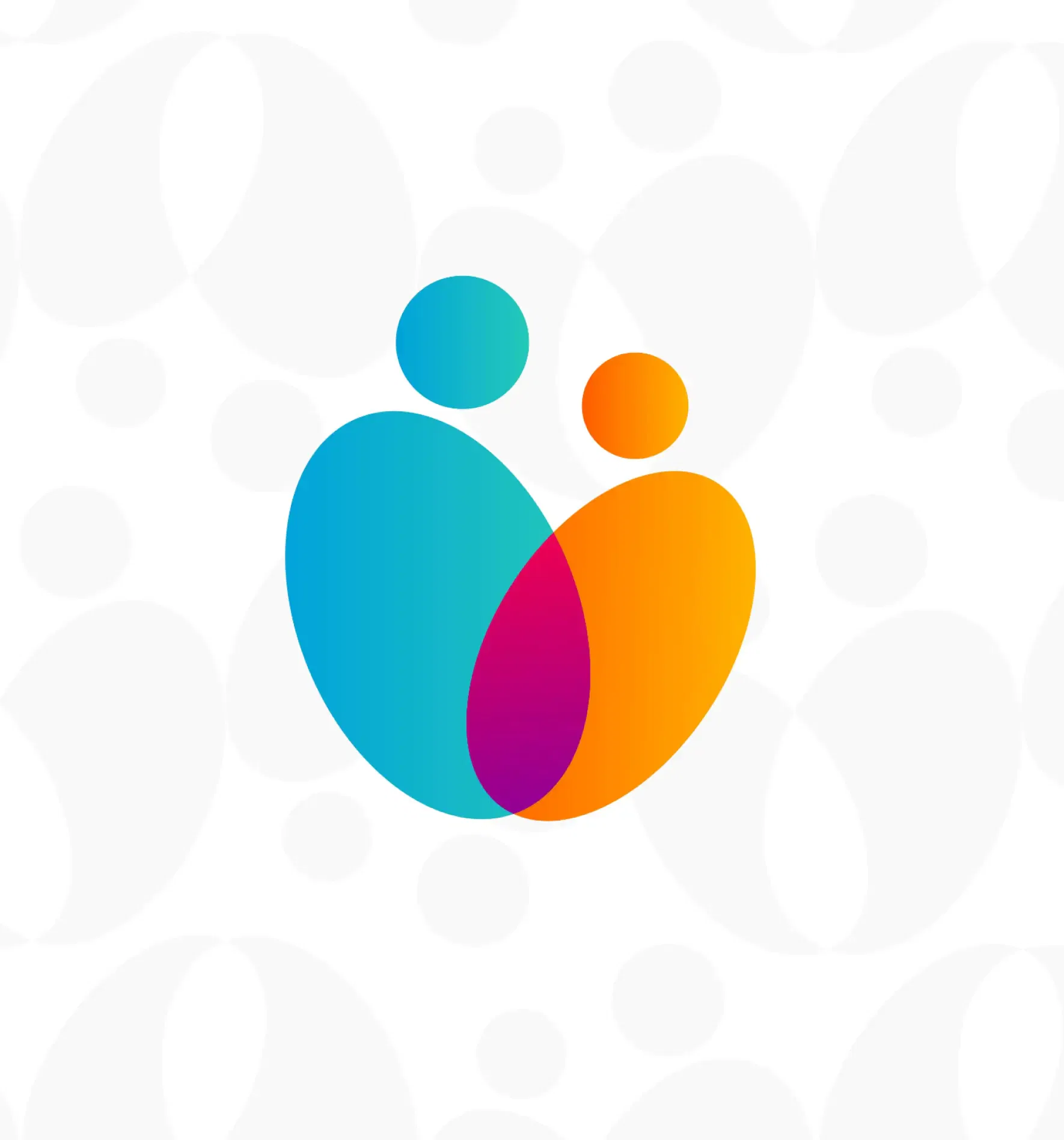 Vibrant abstract logo with overlapping blue and orange shapes on a light background.