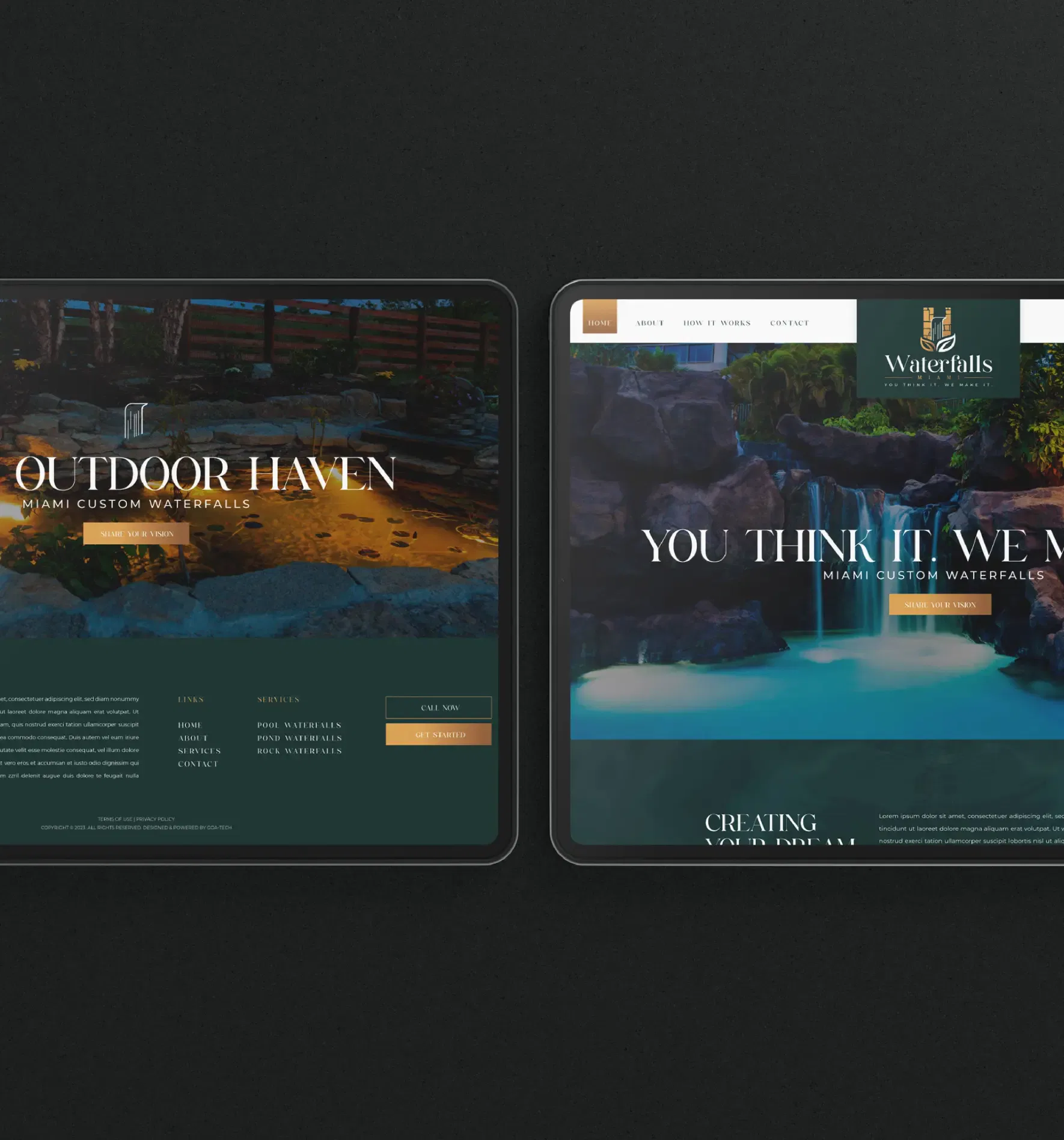 Two dynamic website designs showcasing luxury outdoor landscaping and pool renovation services.