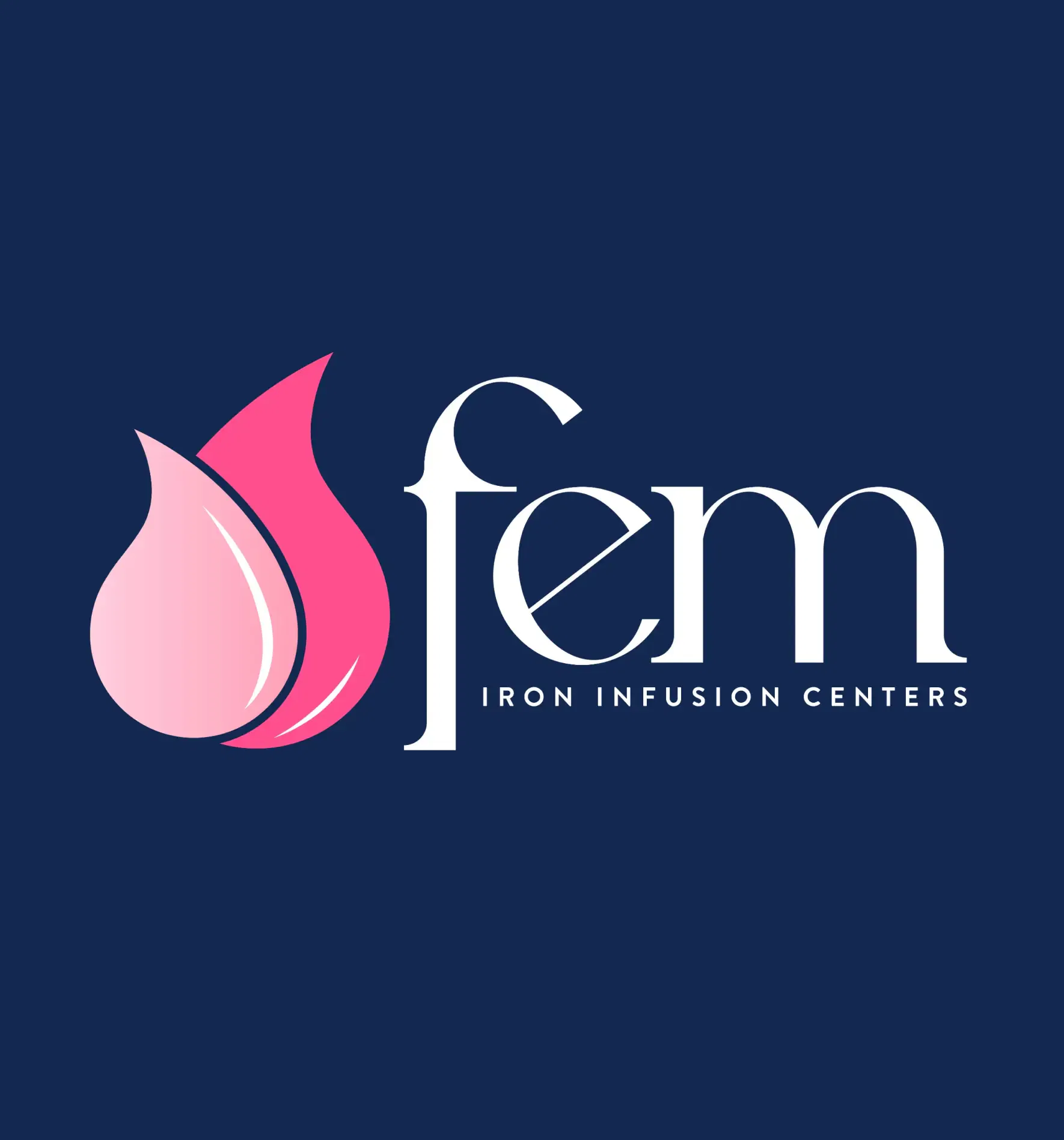 Logo of Fem Iron Infusion Centers with stylized pink and blue design on a dark background.