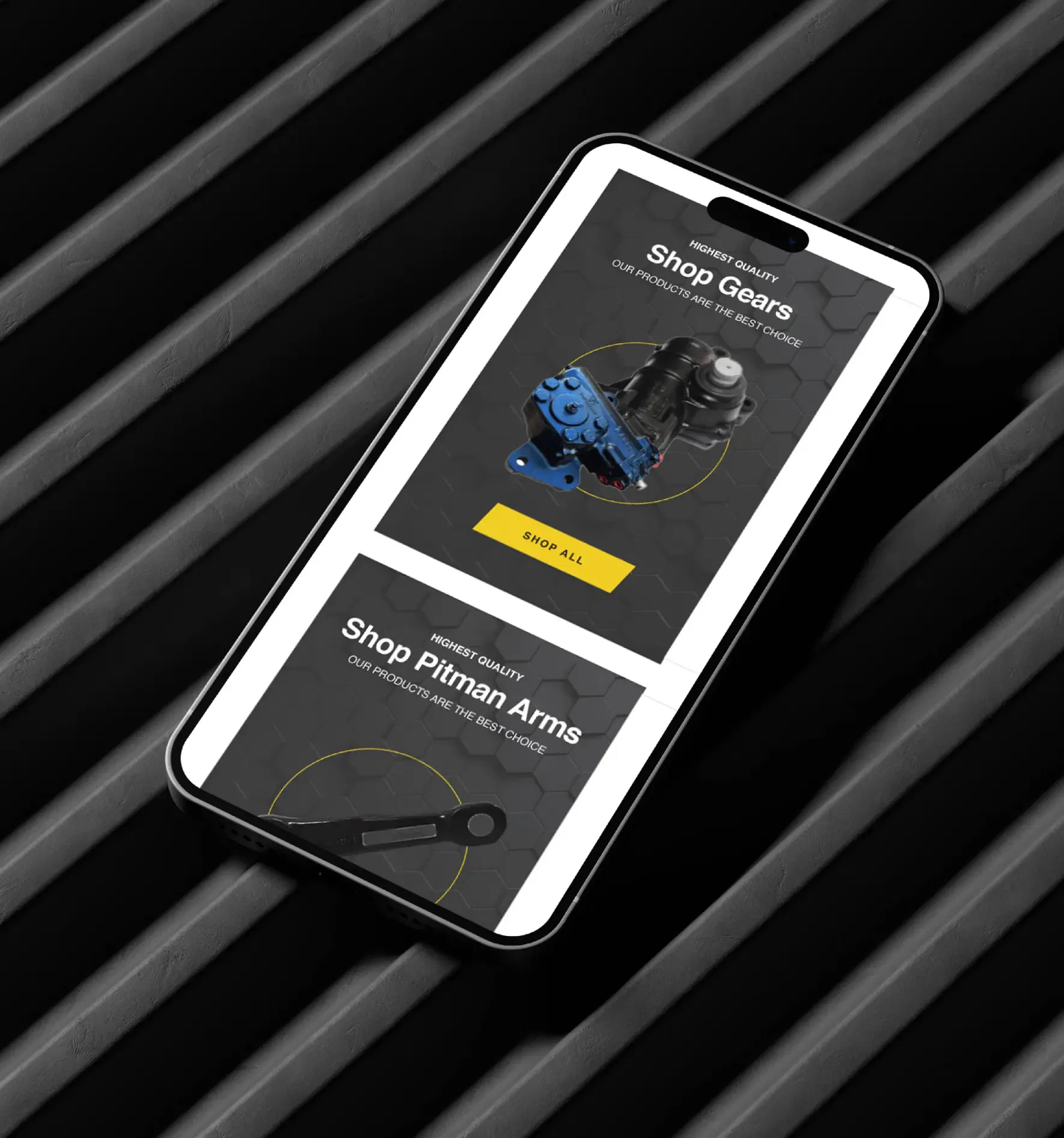 Smartphone displaying an automotive parts shopping app on a striped background.