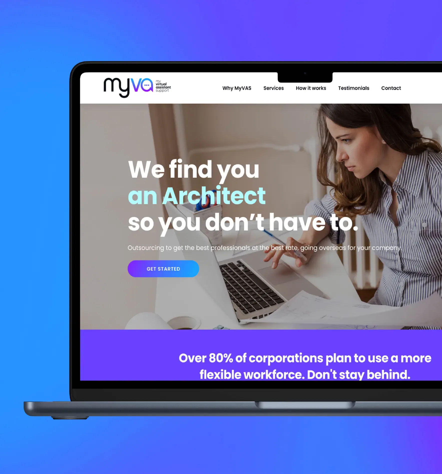 Laptop screen displaying MyVA website promoting architectural hiring solutions.