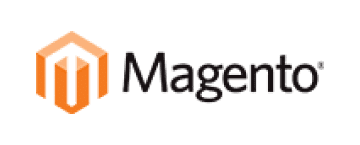 Magento logo with orange icon and black text on a transparent background.