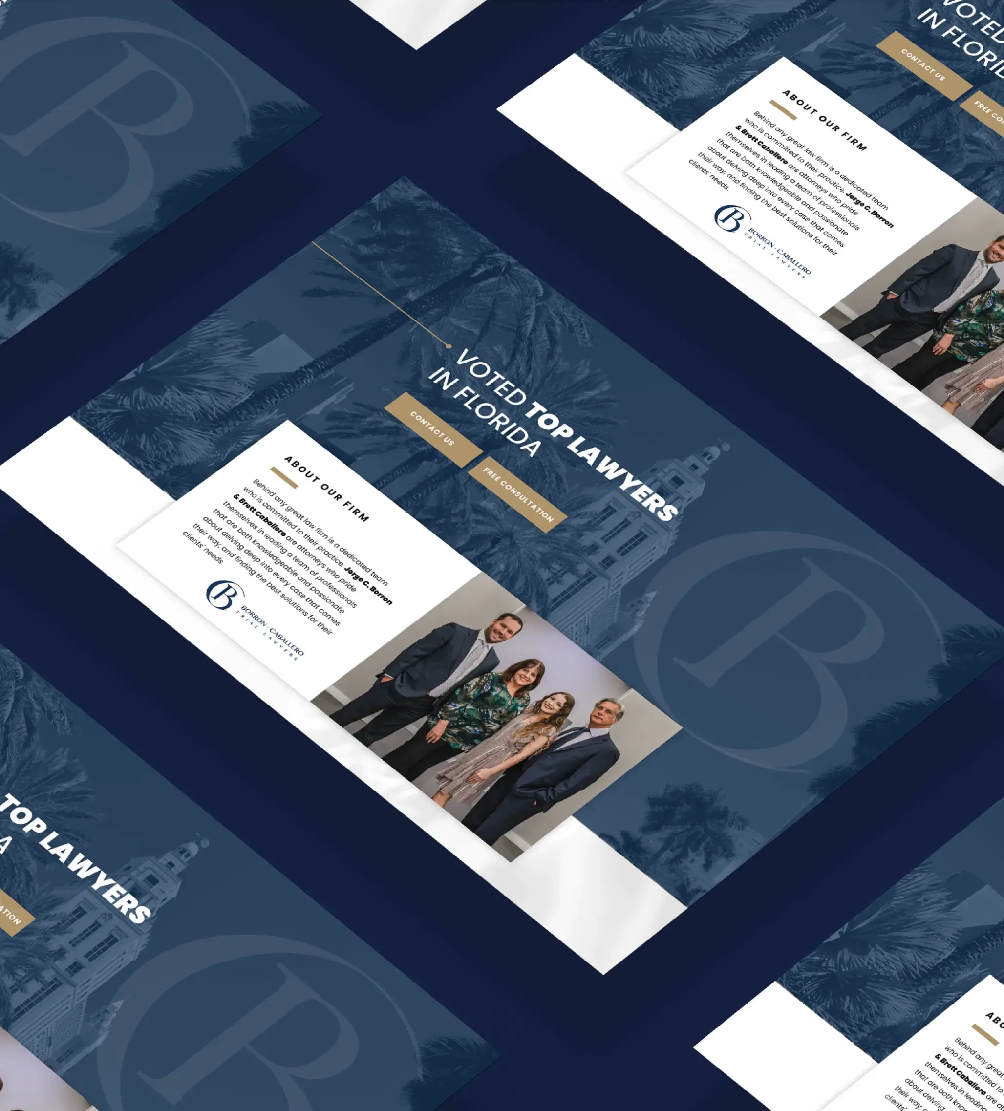 Brochure layout showcasing top lawyers in Florida with professional images and elegant design.