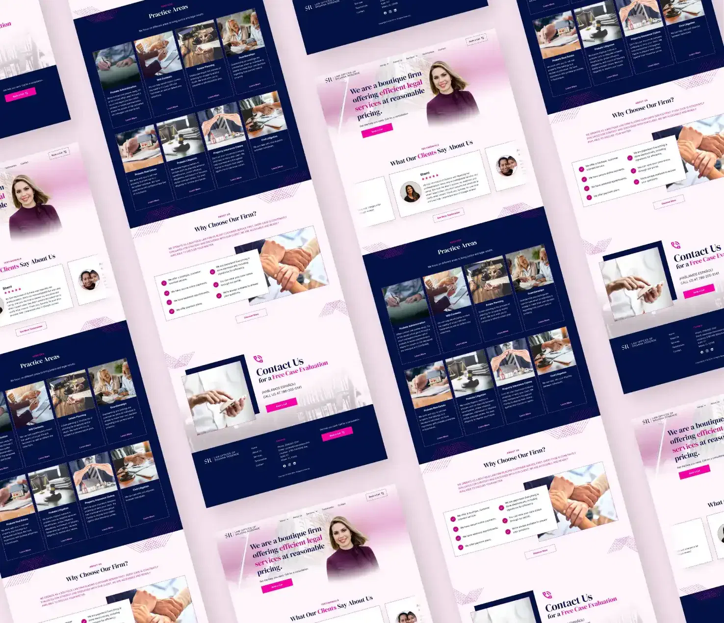 Web design layouts featuring various sections and imagery in a repeated pattern.