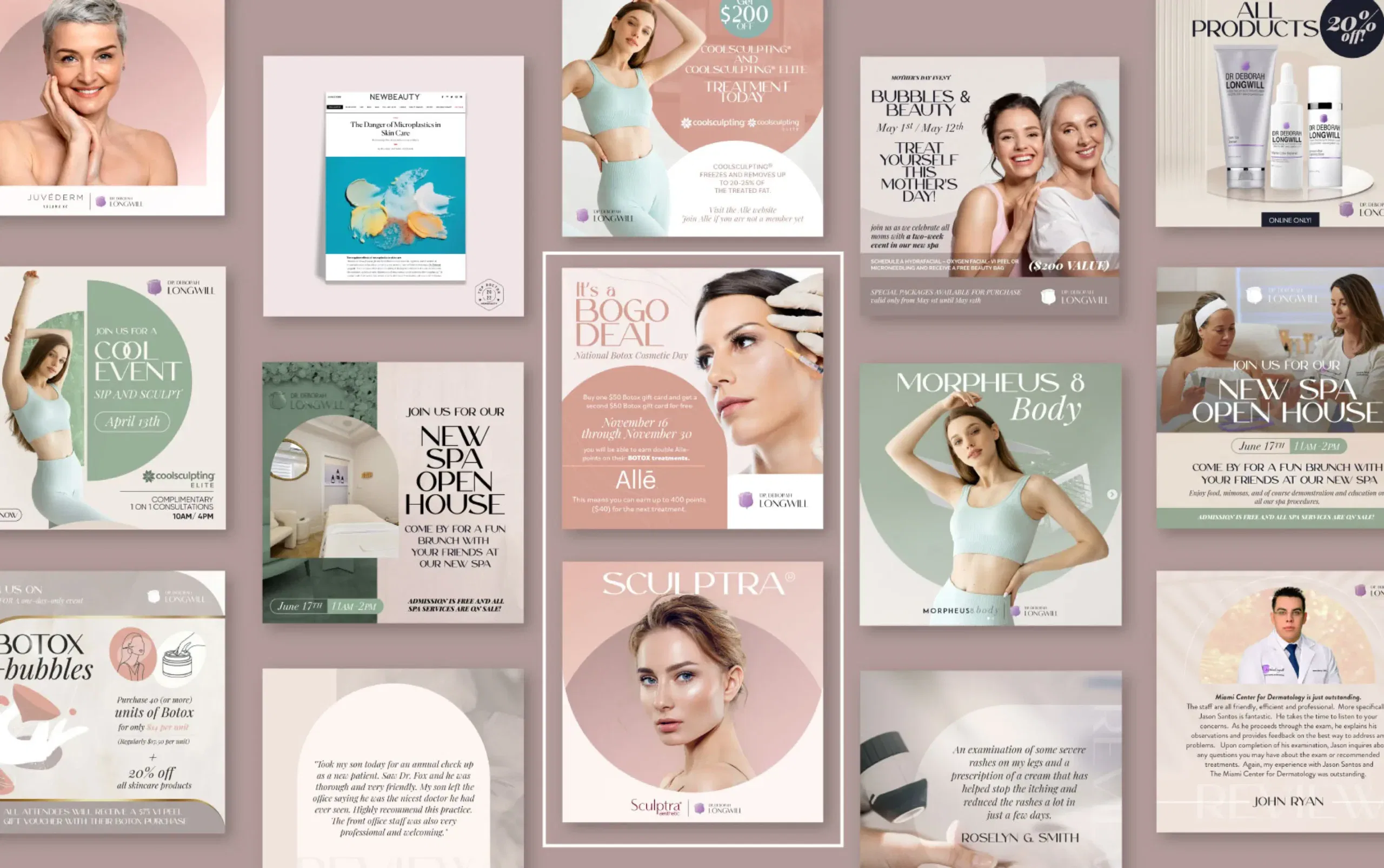 Collage of spa and wellness advertisements showcasing skincare products, services, and promotions.