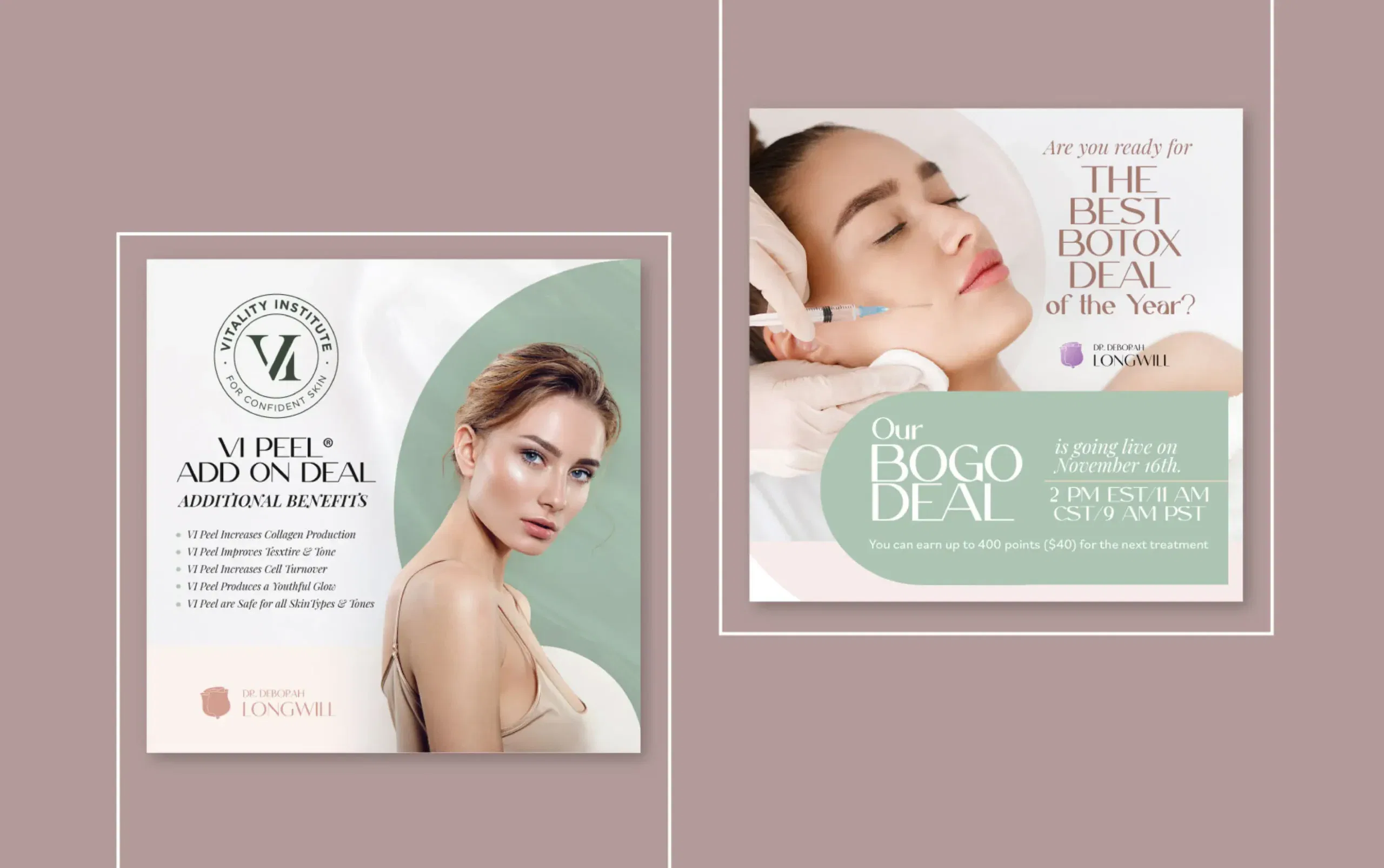Two promotional beauty posters showcasing Botox and aesthetic deals featuring elegant women.