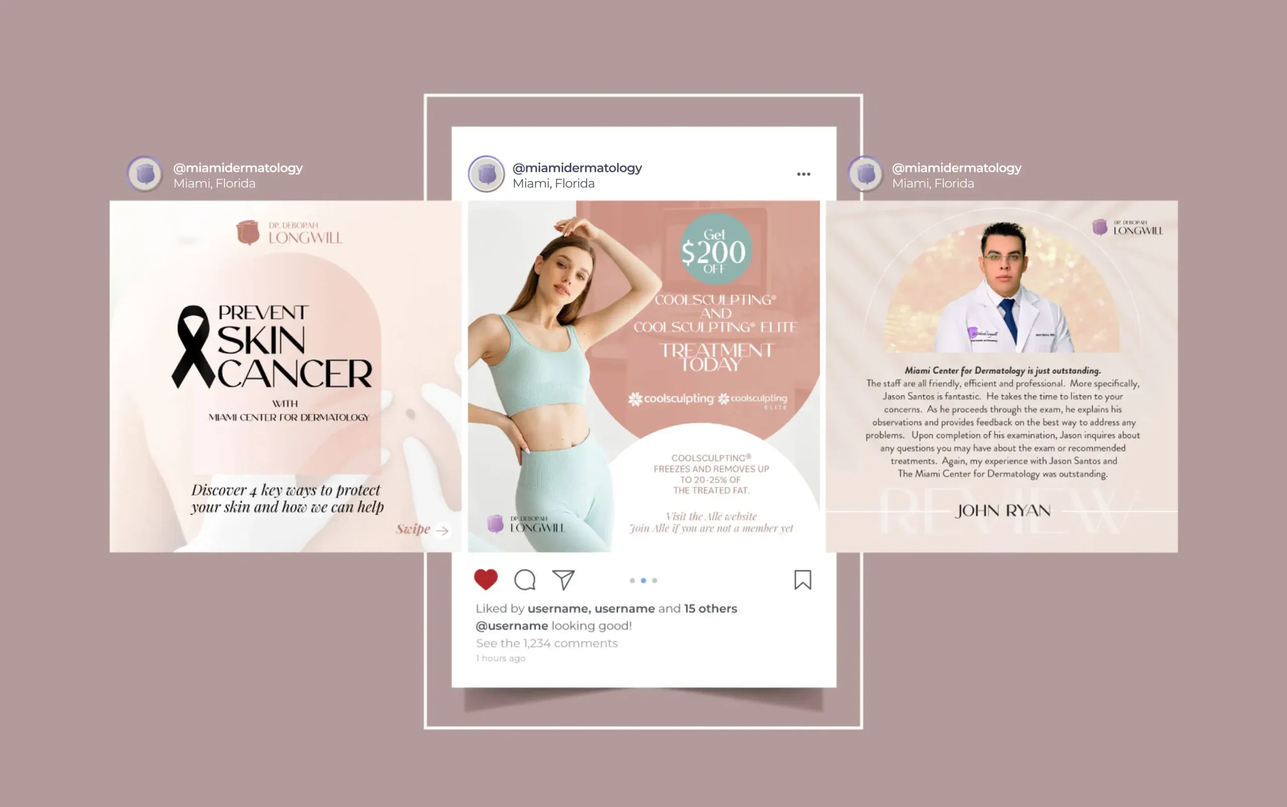 A collage of social media posts featuring skin cancer prevention, a woman in activewear, and a doctor promoting health awareness.