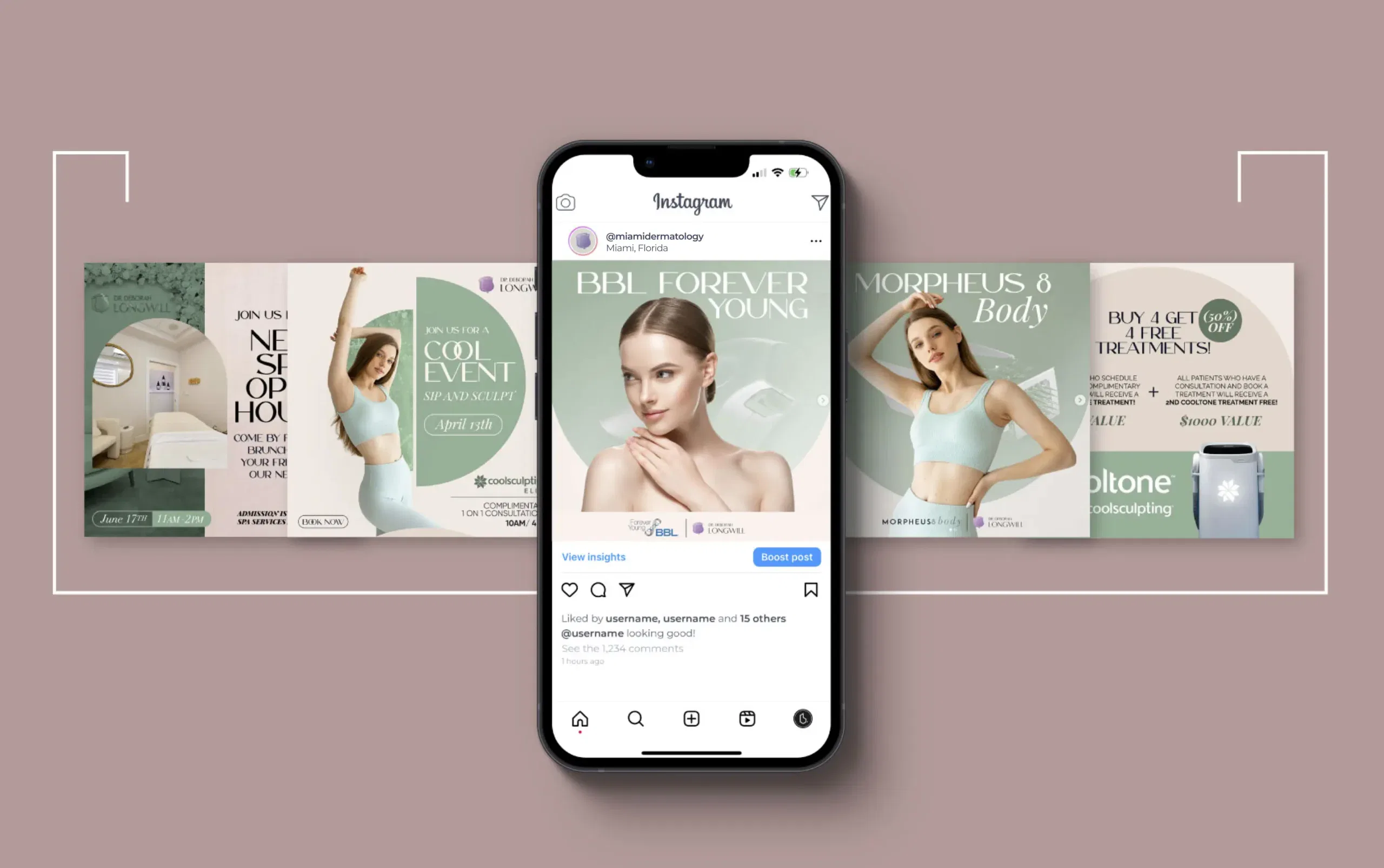 Digital marketing showcase with Instagram post on smartphone and wellness-themed promotional banners.