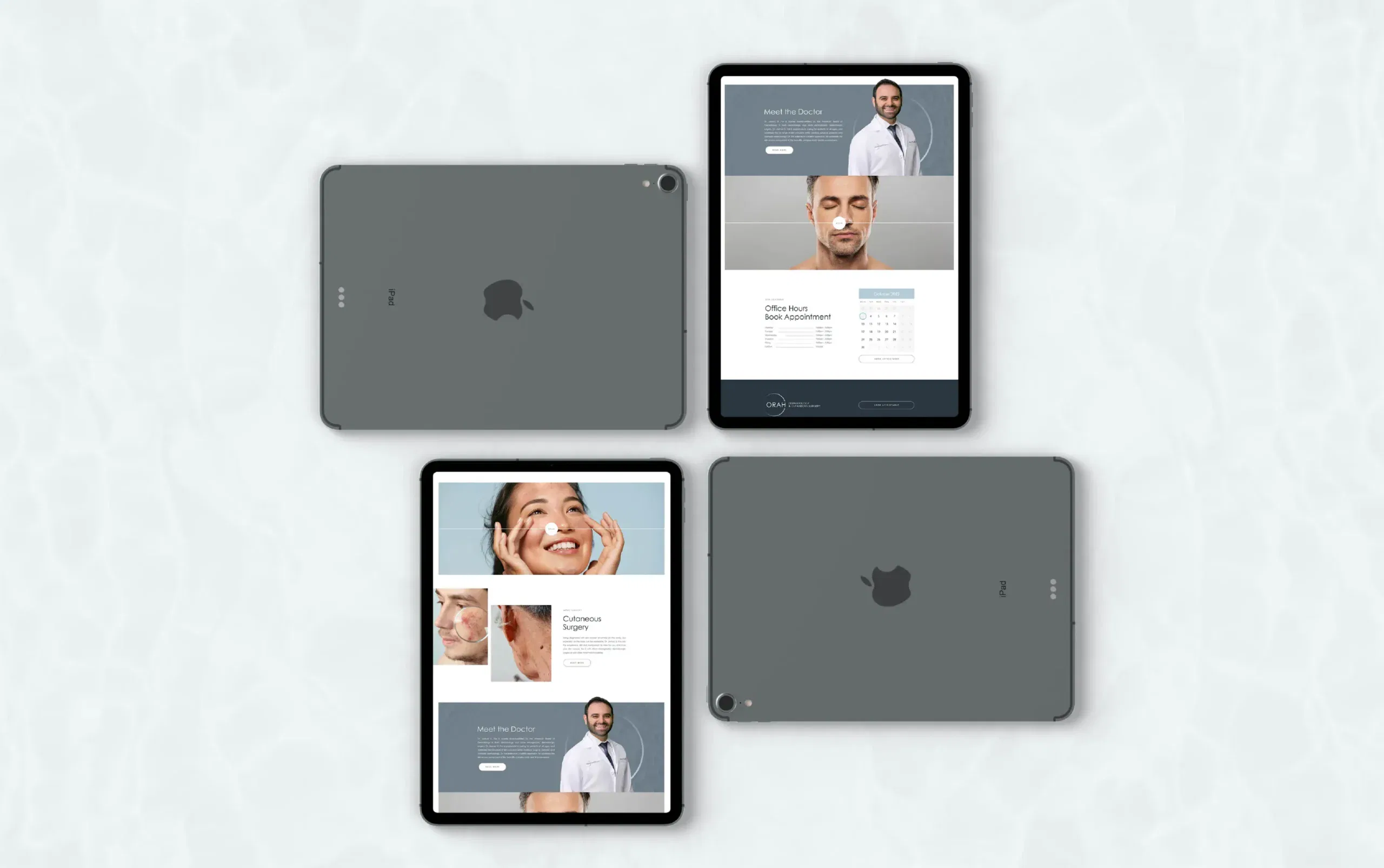 Four gray tablets displaying images of a smiling woman and a doctor on a light background.
