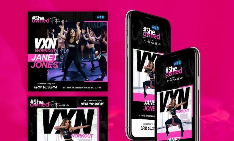 Vibrant fitness event banner with group workout session and mobile screens.