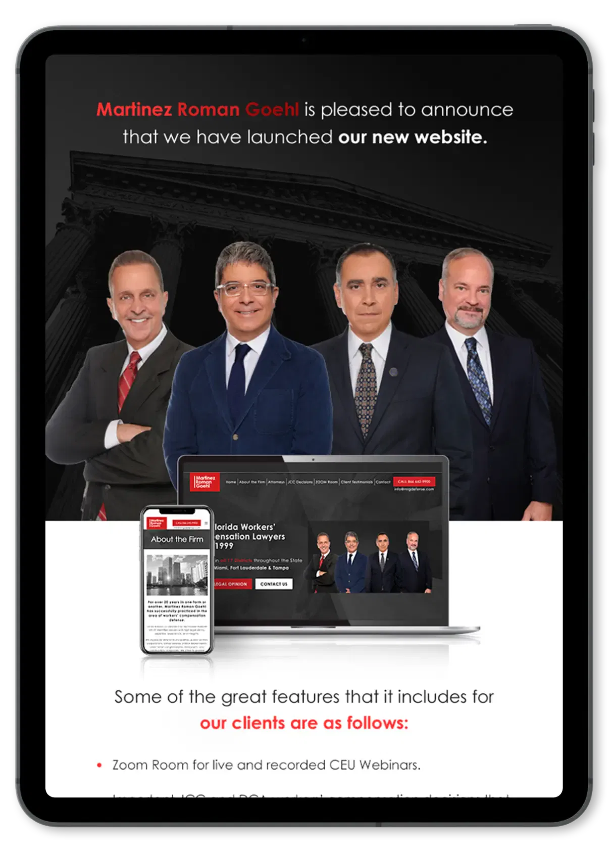 Business team celebrating website launch with laptop, smartphone, and company executives.