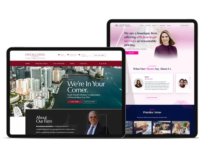 Tablet screens showing modern law firm website designs with cityscapes and professional portraits.