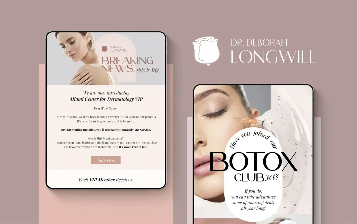 Elegantly designed brochure showcasing dermal treatments and Botox services from a high-end dermatology center.