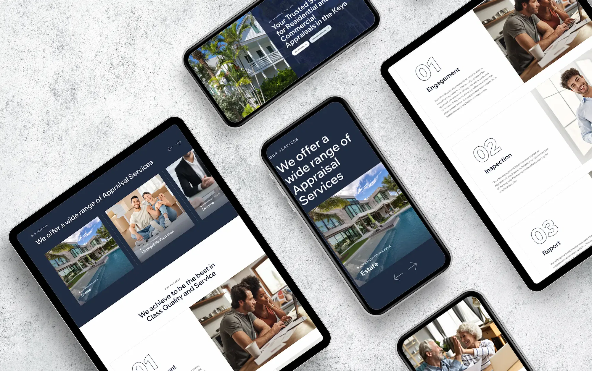 Responsive website design displayed on various mobile and tablet devices on a sleek white surface.