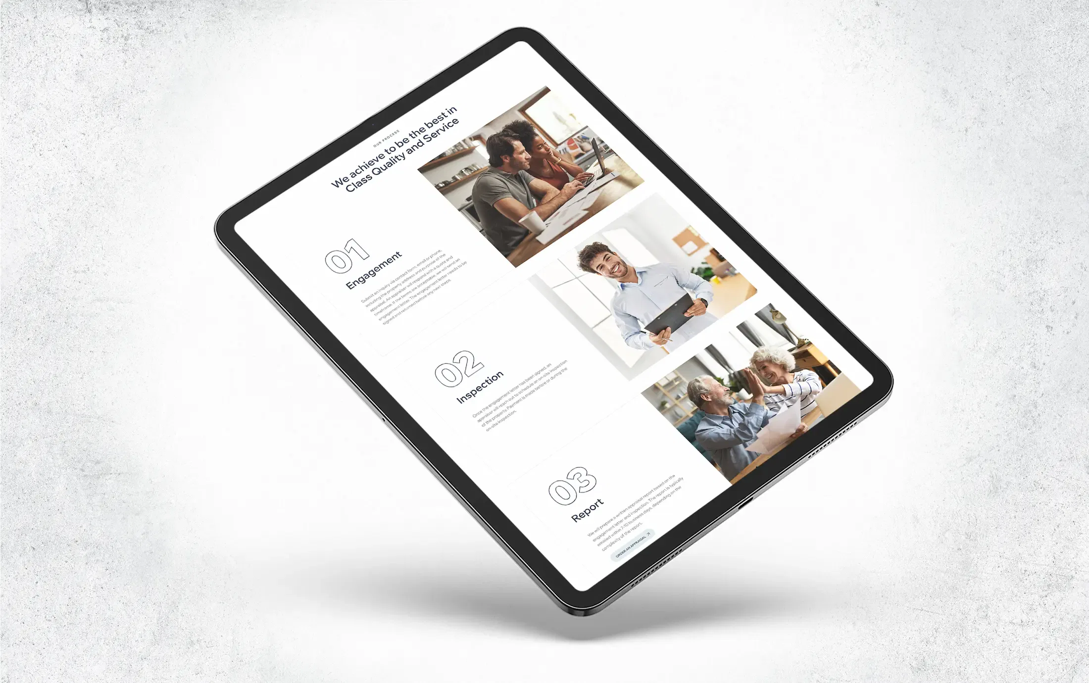 Tablet displaying a sleek website layout with images of professionals collaborating in a modern office setting.